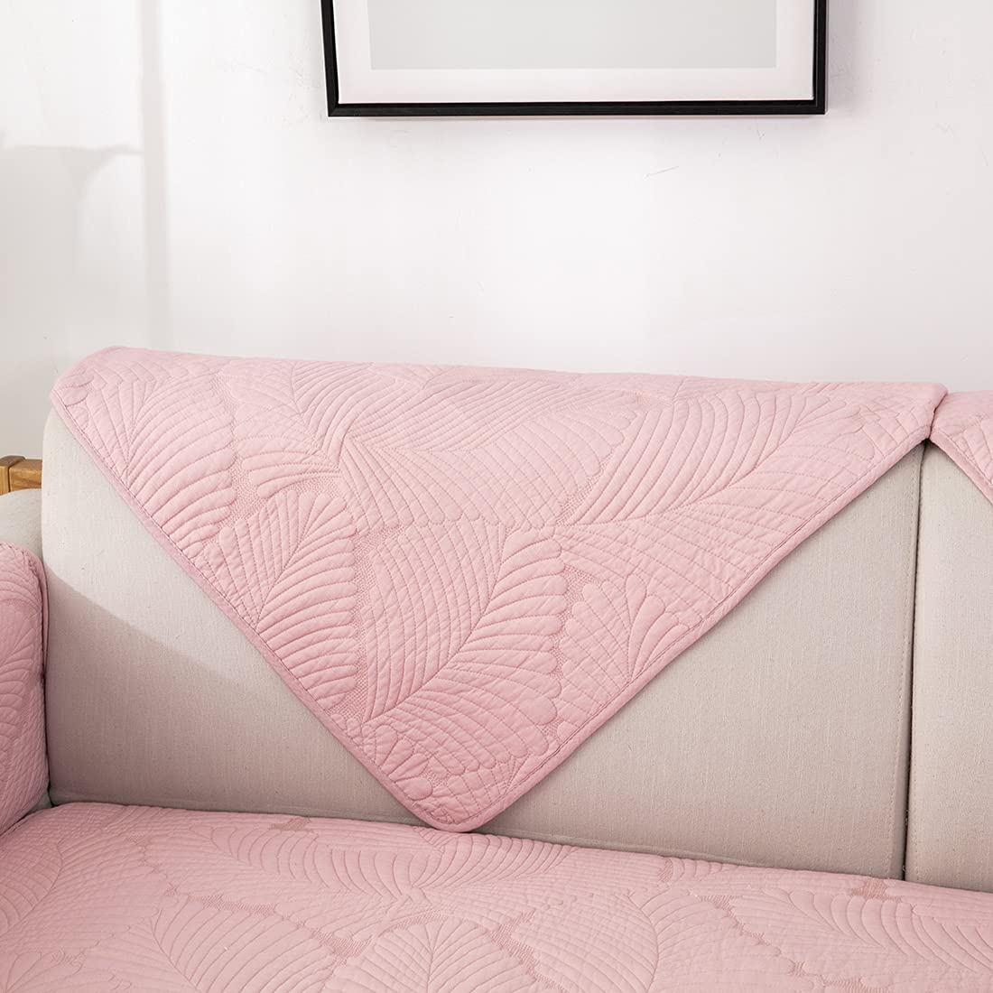 VCTOPS Palm Leaf Cotton Sofa Cover - Non-Slip Sectional Couch Slipcover with Embroidery for Pets, L-Shaped Sofa, Recliner & Love Seat (Pink, 36