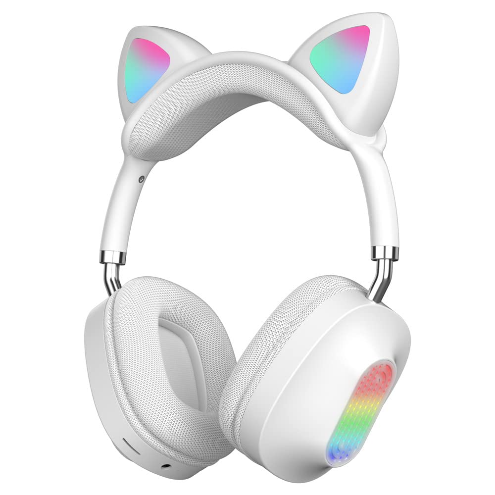 Wireless Cat Ear Headphones for Kids with LED Lights & Microphone - Bluetooth Over-Ear Headset for iPhone, iPad, Kindle, Laptop - Perfect for School, Online Learning, Gaming & Music Streaming (White)