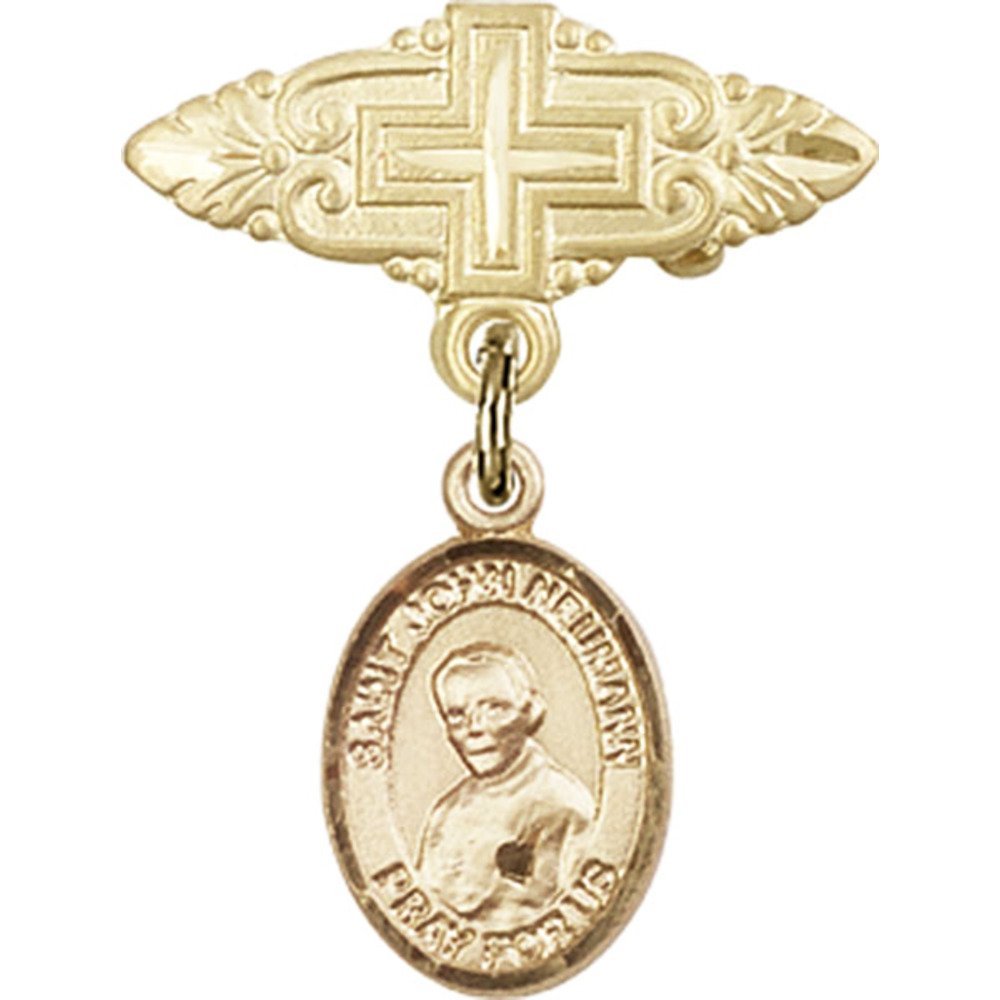 St. John Neumann Gold Filled Baby Badge with Cross Charm - 1 X 3/4 Inch Religious Medal Pin - Perfect for Baptism, First Communion & Christening Gifts