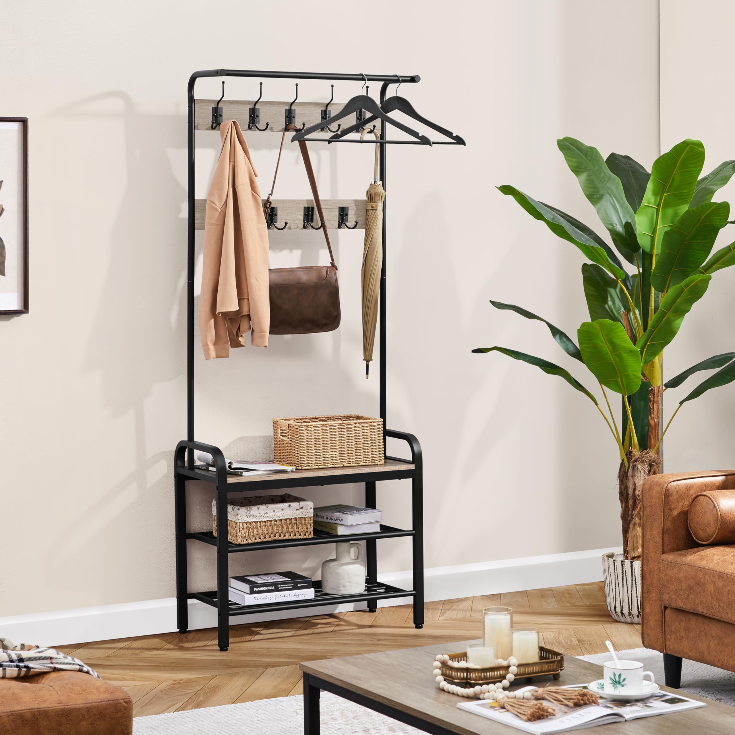 Yaheetech 4-in-1 Entryway Hall Tree with 23 Hooks - Coat Rack, Shoe Storage Bench & Organizer for Entryway, Living Room & Mudroom - Space Saving Gray Furniture for Home Organization