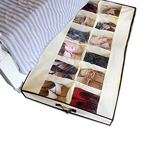 12-Cell Clear Underbed Shoe Storage Organizer for Men & Women - Space-Saving Beige Shoe Bag for Sneakers, Sandals & Boots | Perfect for Bedroom, Closet & Dorm Organization