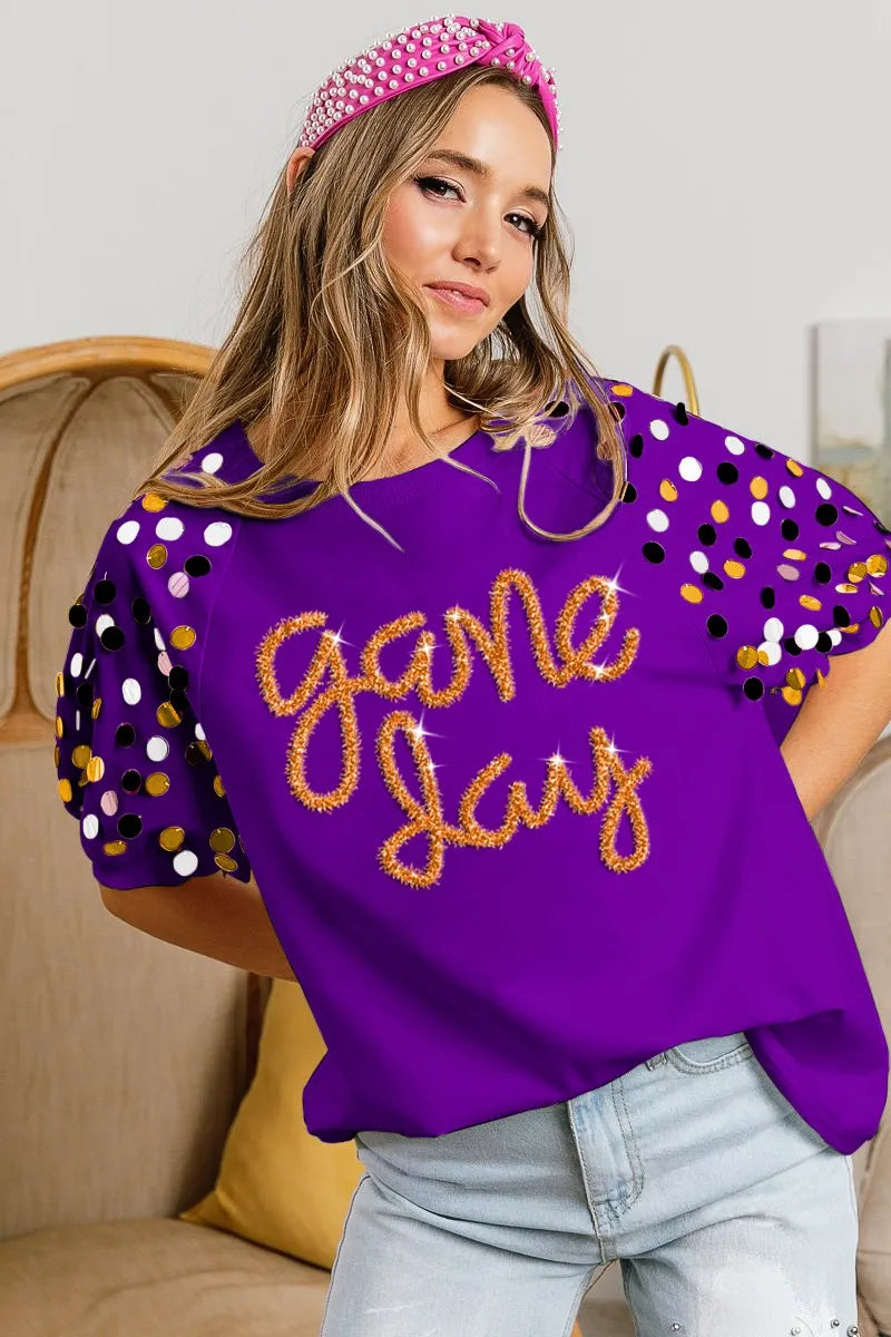 BiBi Game Day Metallic Letter Spangle Sleeve Top - Stylish Women's Party Blouse for Football Games, Concerts & Night Out