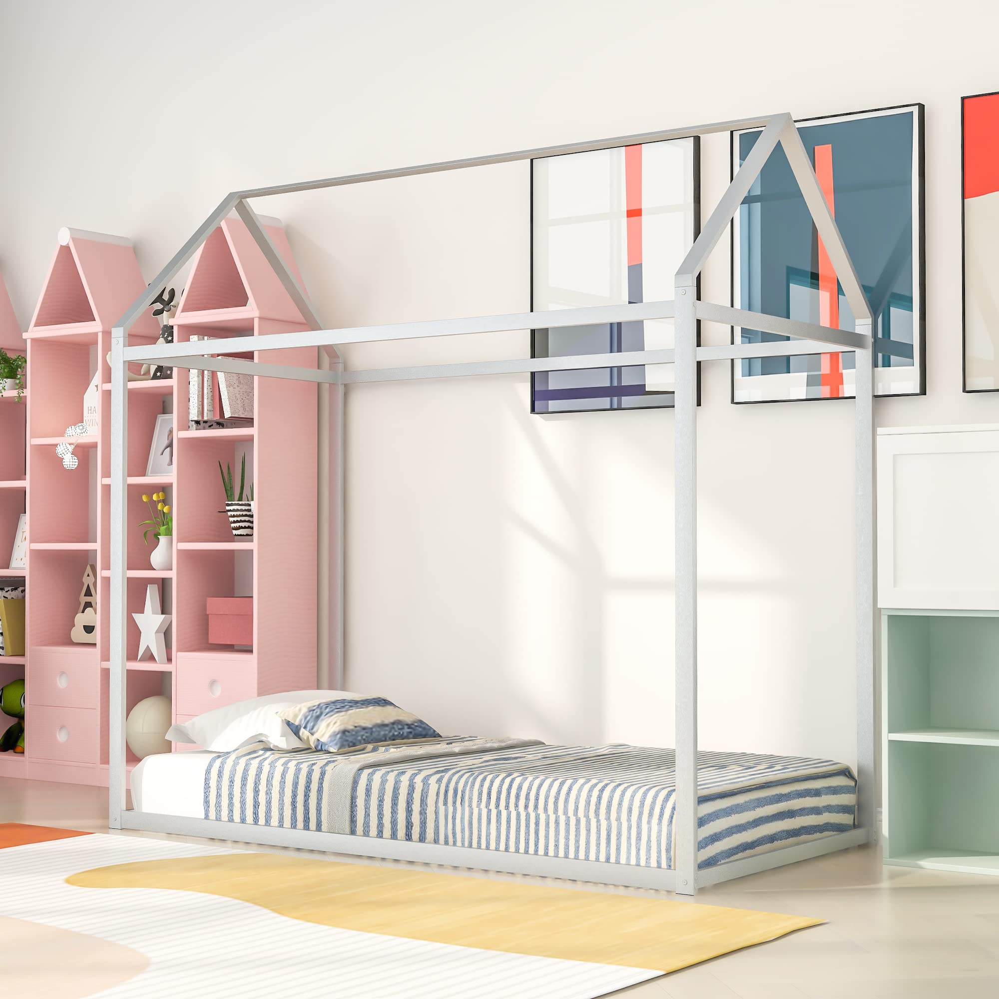 Twin Size House Bed Frame - Low Profile Platform Bed with Slats for Kids & Teens | Sturdy Metal Canopy Bed for Boys & Girls | Perfect for Bedrooms, Playrooms & Sleepovers