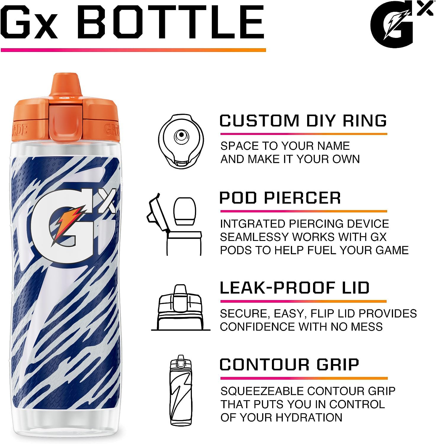 Gatorade Gx NFL Non-Slip Squeeze Water Bottle with Hydration System & Sports Drink Concentrate Pods - Perfect for Football Training, Gym Workouts and Outdoor Activities