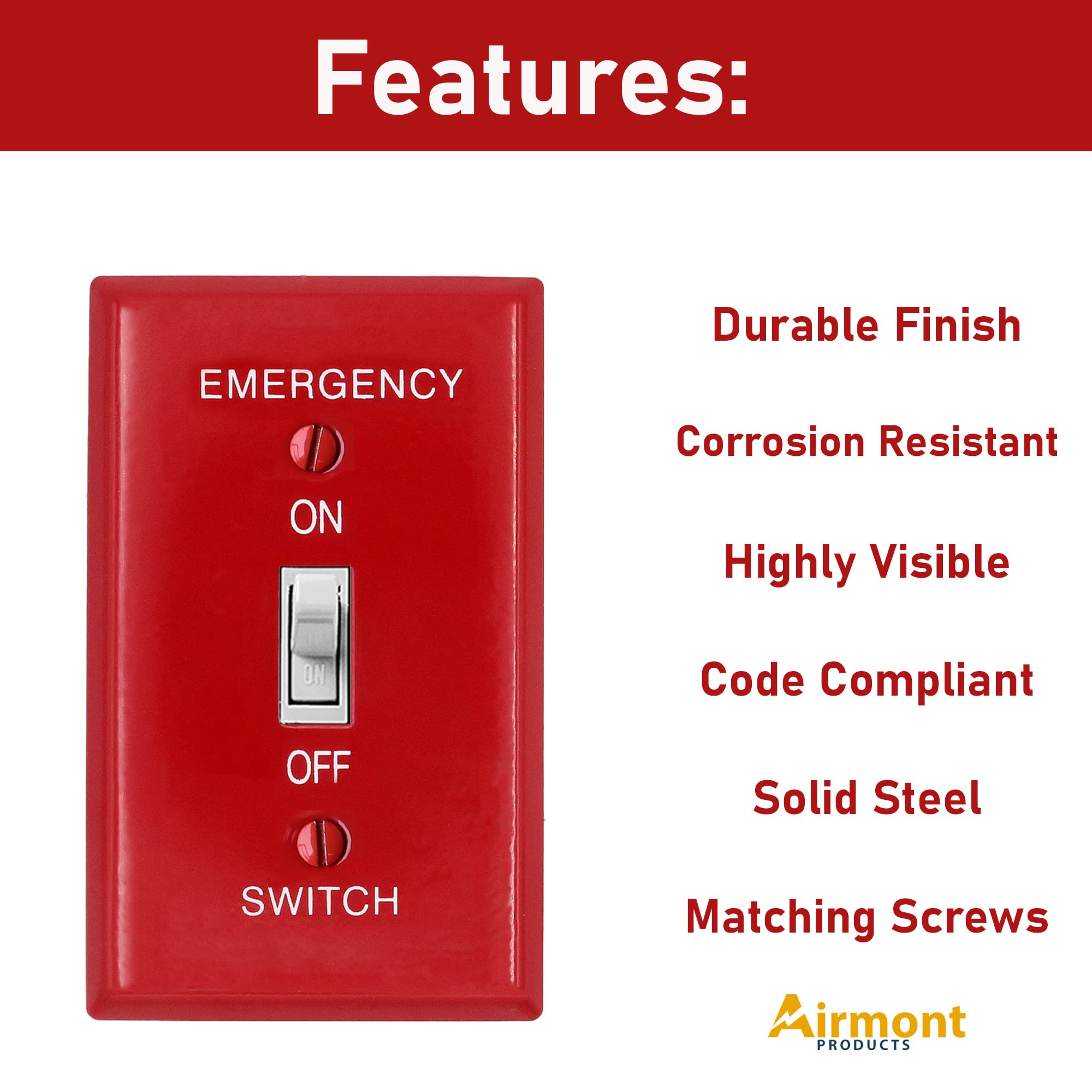 Emergency Red Light Toggle Switch Cover Guard - 1-Gang Standard Size Heavy Duty Metal Wall Plate with White Silk-Screened Lettering (Code Compliant) - Perfect for Hospitals, Factories & Emergency Exits
