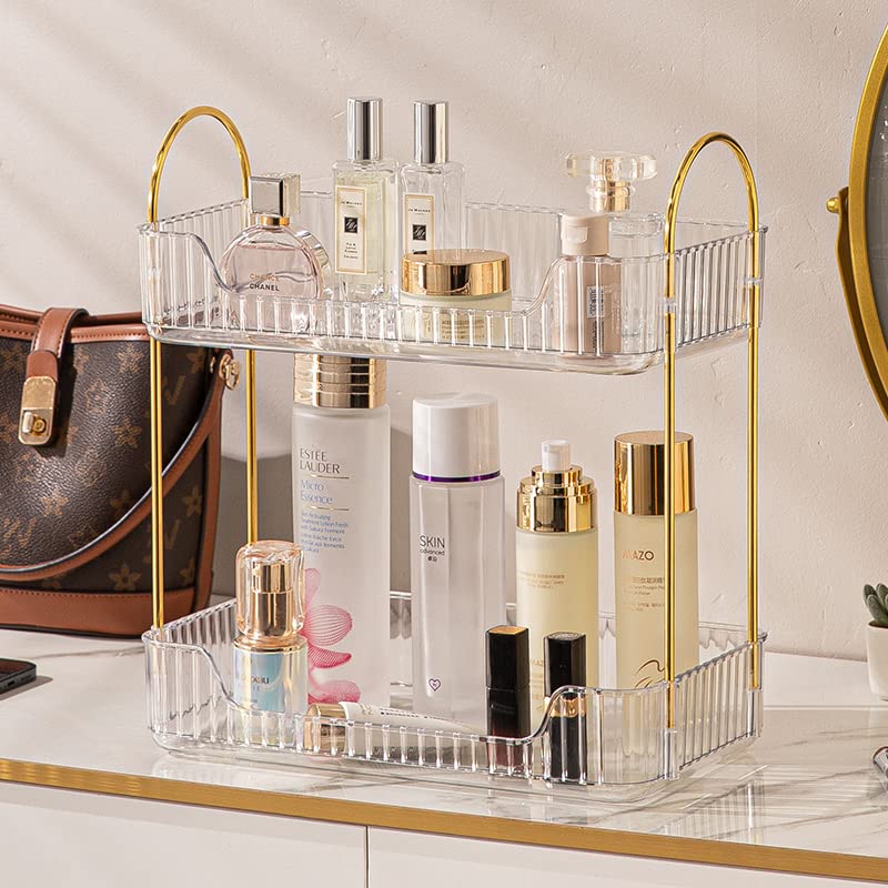 2-Tier Clear Bathroom Counter Organizer - Cosmetic & Skincare Shelf, Makeup & Perfume Vanity Tray, Spice Rack for Kitchen - Perfect for Dresser, Countertop & Bathroom Storage Organization