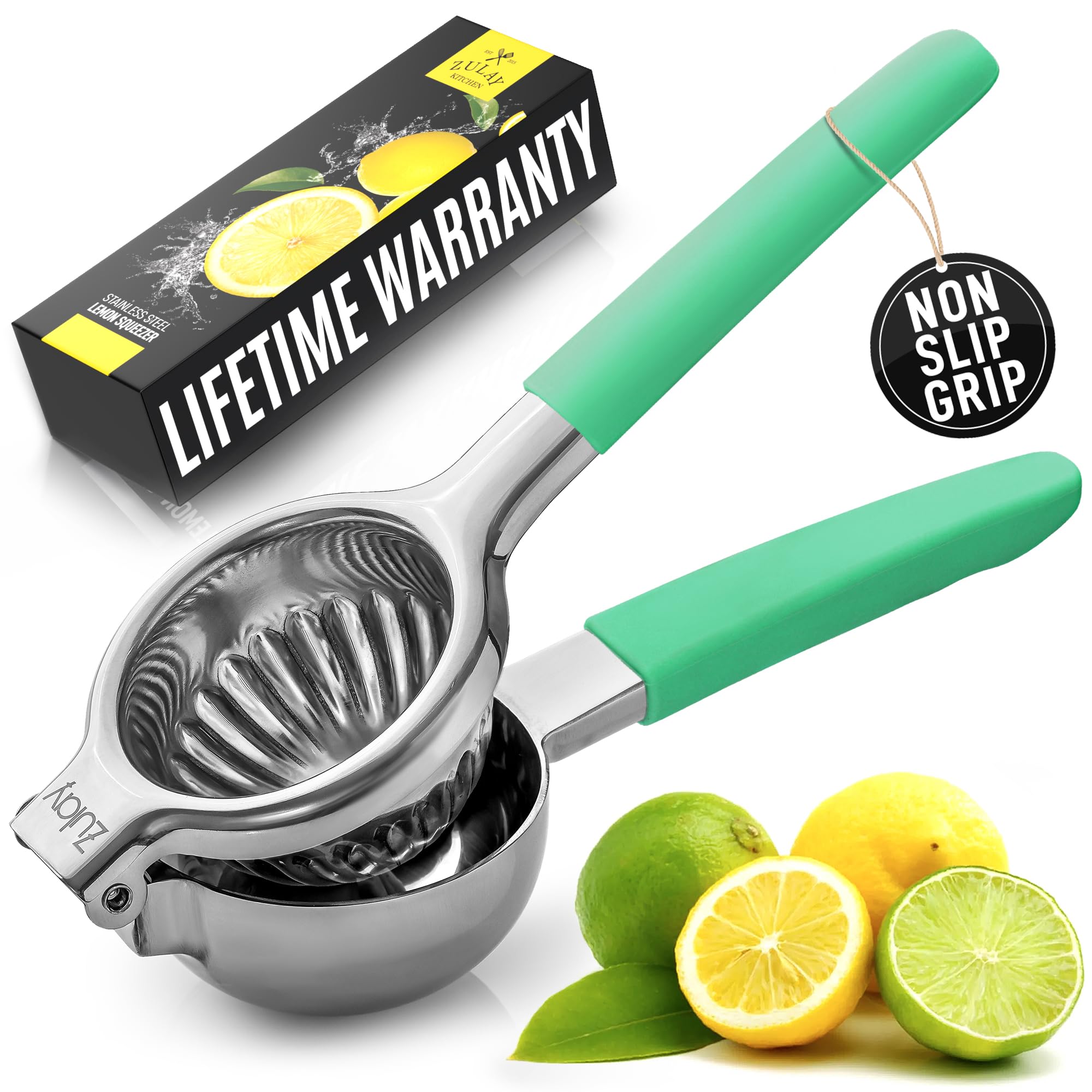 Premium Stainless Steel Lemon Squeezer - Heavy Duty Manual Citrus Juicer with Non-Slip Silicone Handles for Lemons, Limes & Oranges - Perfect for Cocktails, Baking & Healthy Juicing (Mint Green)