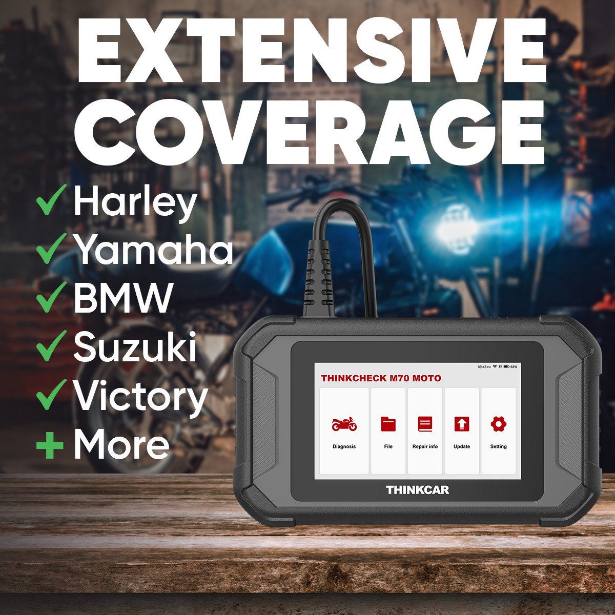 THINKCHECK M70 MOTO Motorcycle Diagnostic Tool - Plug & Play OBD2 Scanner for Harley, Honda, Kawasaki - Easy Fault Code Reader for Bike Maintenance & Repair