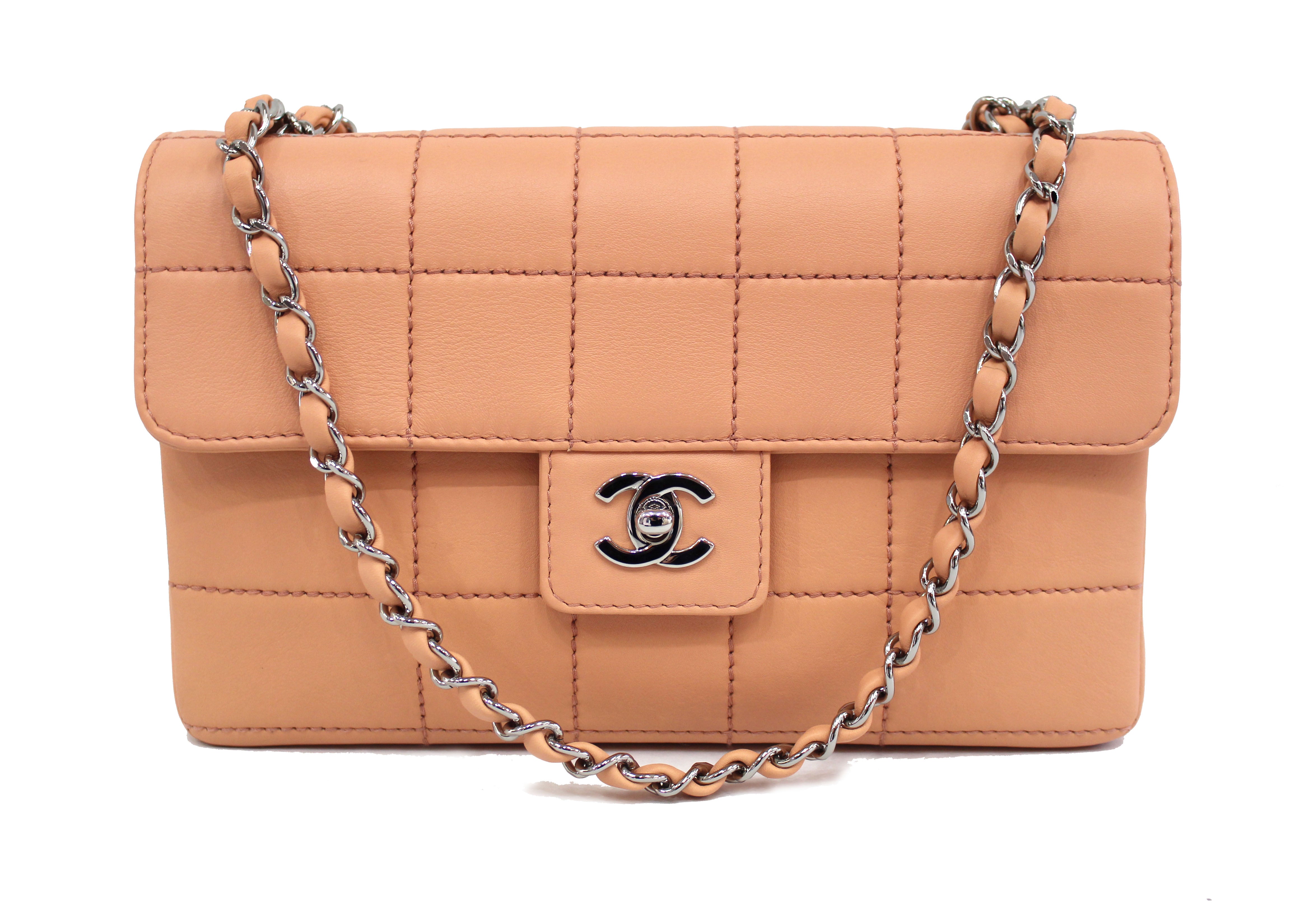 Authentic Peach Lambskin Leather Medium Single Flap Shoulder Bag with Square Stitch Chain - Perfect for Work, Travel & Everyday Use