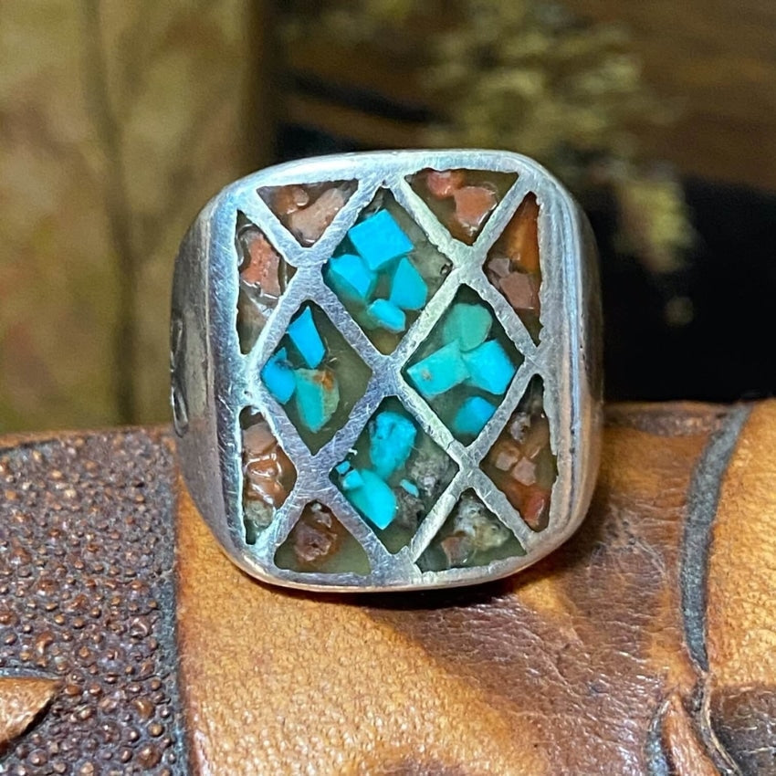 Authentic Southwest Style 925 Sterling Silver Ring with Turquoise Chip Mosaic - Size 9.5 - Handmade Native American Jewelry for Women - Perfect for Boho Fashion, Western Wear & Special Occasions