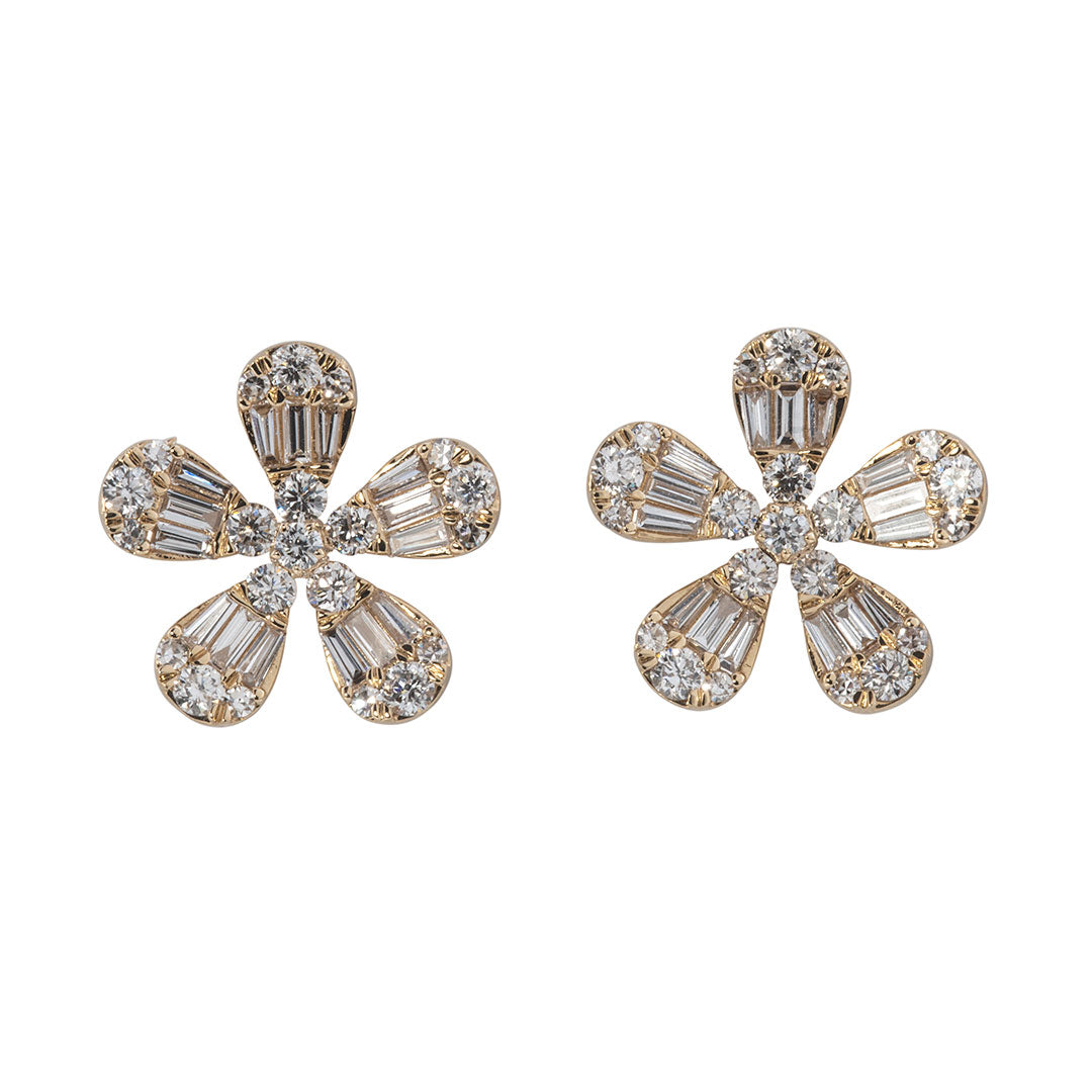 1.5ctw Diamond 14K Yellow Gold Flower Earrings for Women - Elegant Floral Stud Earrings for Wedding, Anniversary & Gift Giving
