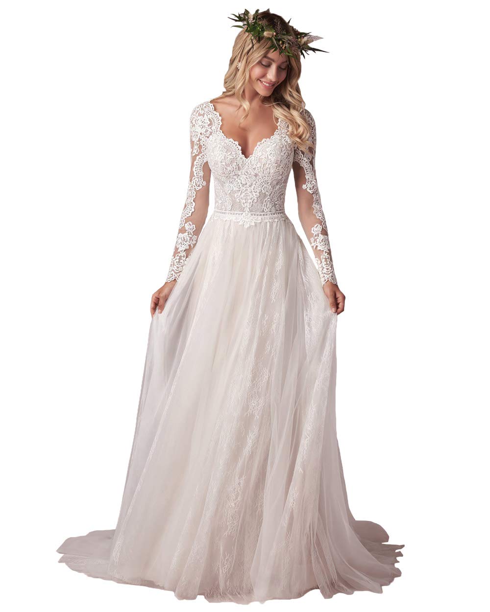 Elegant Lace Beach Wedding Dress for Women 2023 - Long Sleeve Bridal Gown YZTS013 | Perfect for Beach Weddings, Destination Ceremonies & Romantic Photos