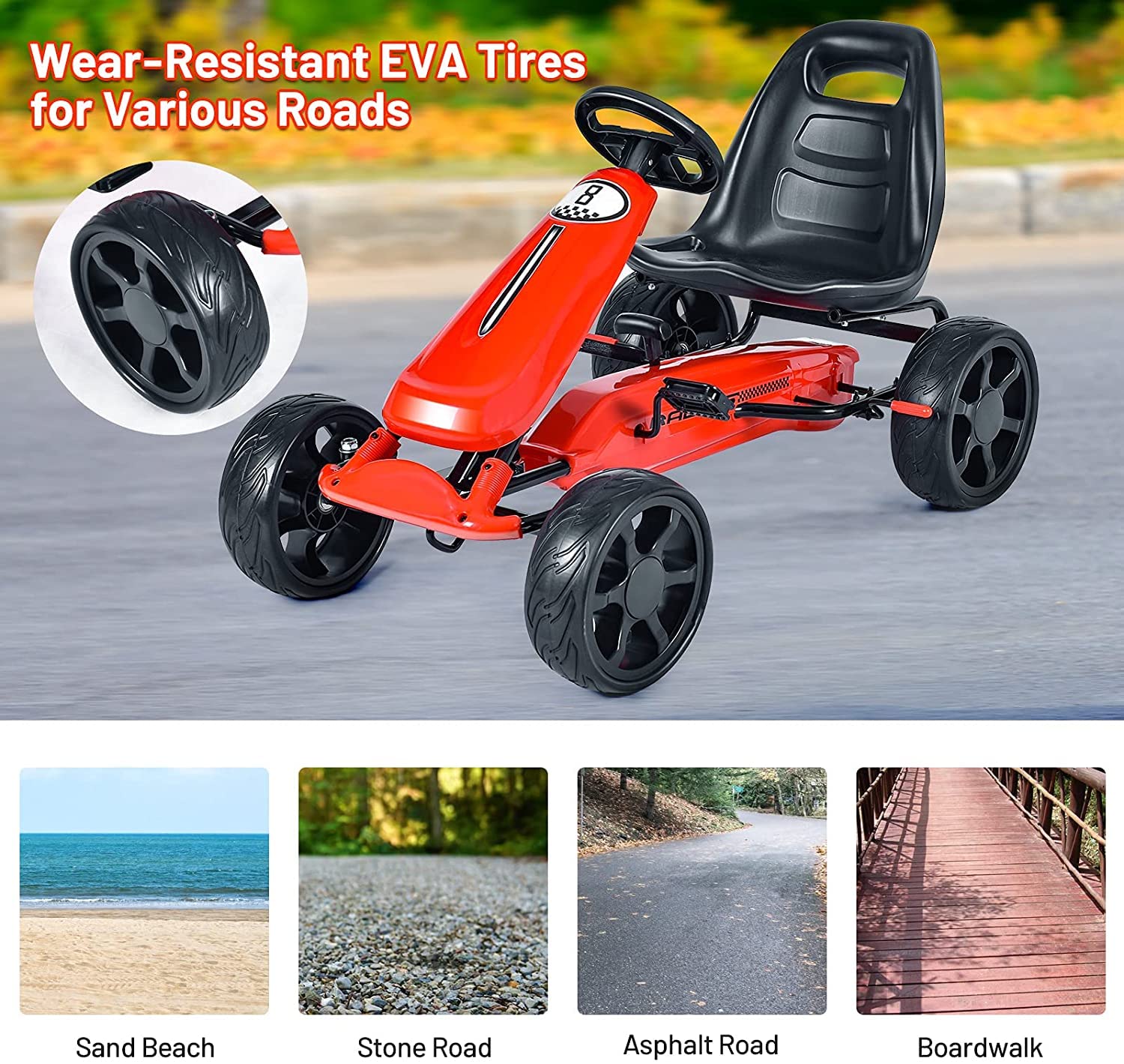 **GLACER Kids Go Kart - 4-Wheel Pedal Powered Ride-On Toy Car for Boys & Girls, Adjustable Seat & EVA Rubber Tires, Outdoor Racing Fun (Red) - Perfect for Backyard, Park, and Driveway Play**