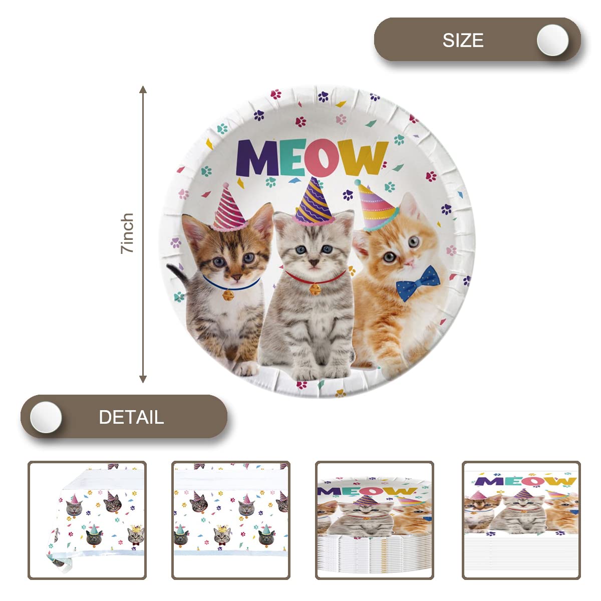 Cat Themed Party Supplies - 20 Plates, 20 Napkins & 71
