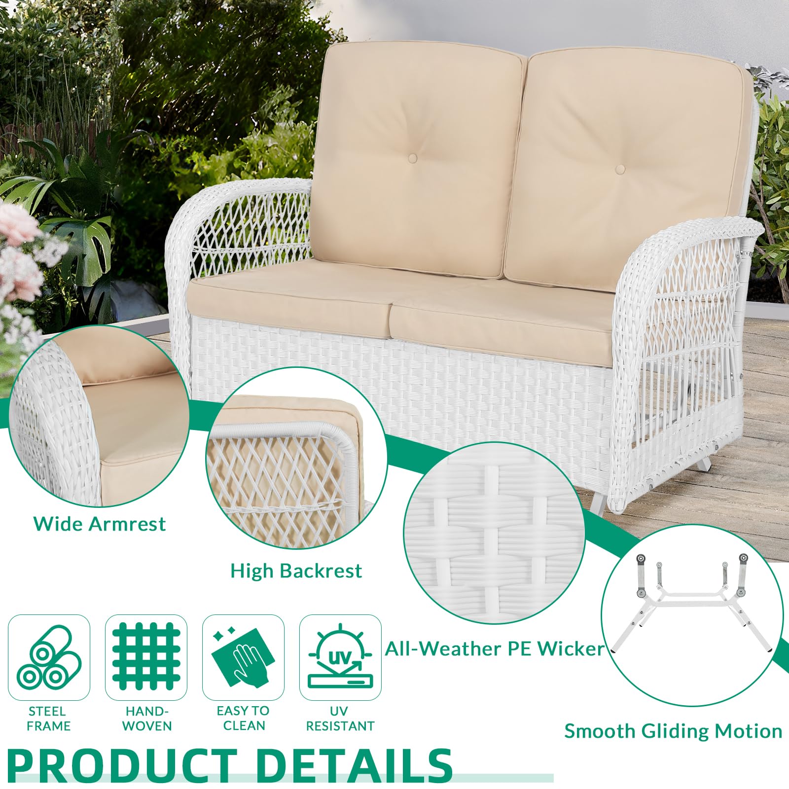VIVIJASON 2-Piece White Wicker Loveseat Glider Set with Cushions - Outdoor Patio Conversation Furniture with 2-Seater Rocking Bench & Coffee Table - Perfect for Porch, Garden, Poolside, and Backyard Relaxation - Beige