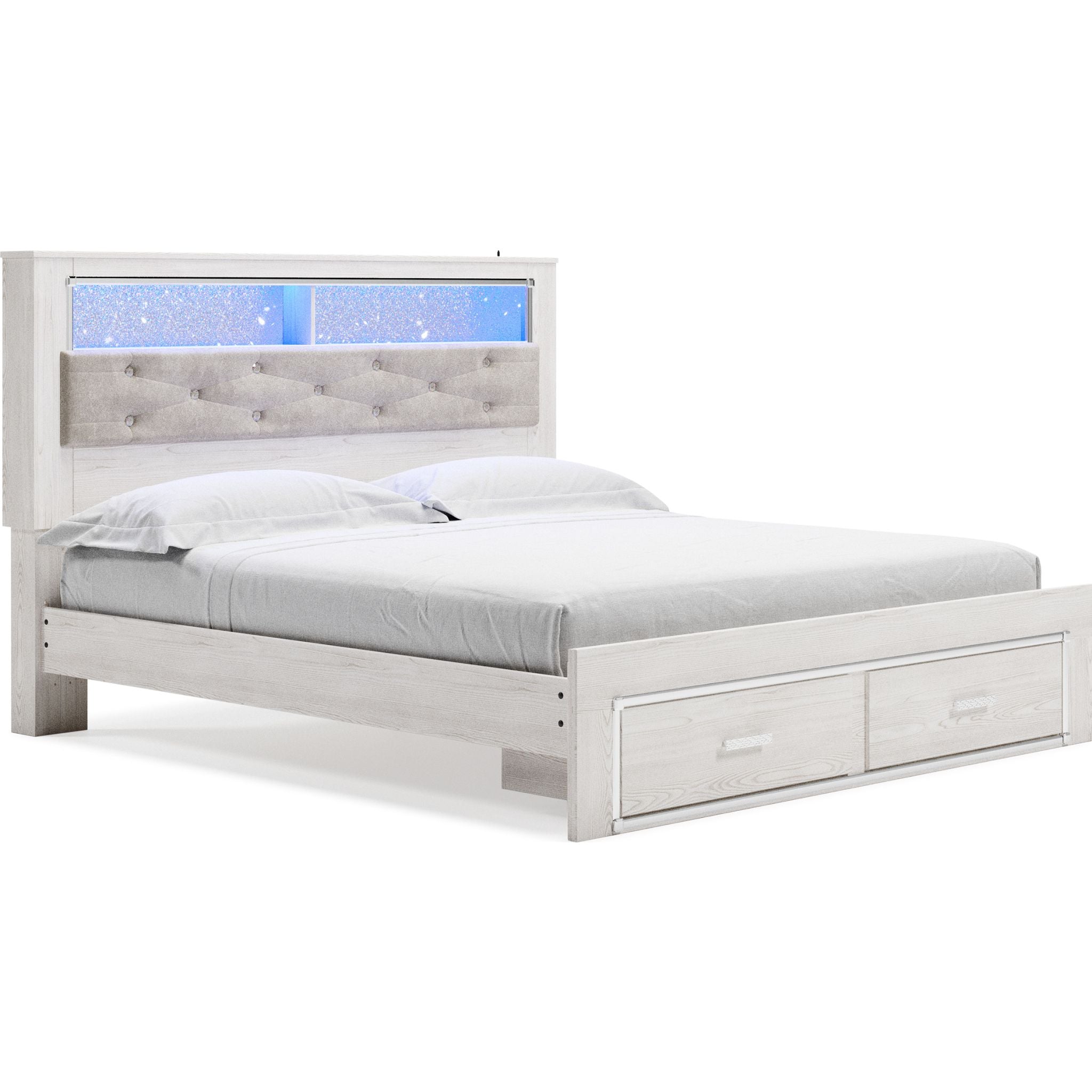 Altyra King Upholstered Bookcase Bed with Storage - White Wooden Platform Bed Frame with Headboard & Underbed Storage | Perfect for Small Bedrooms, Guest Rooms & Dormitories