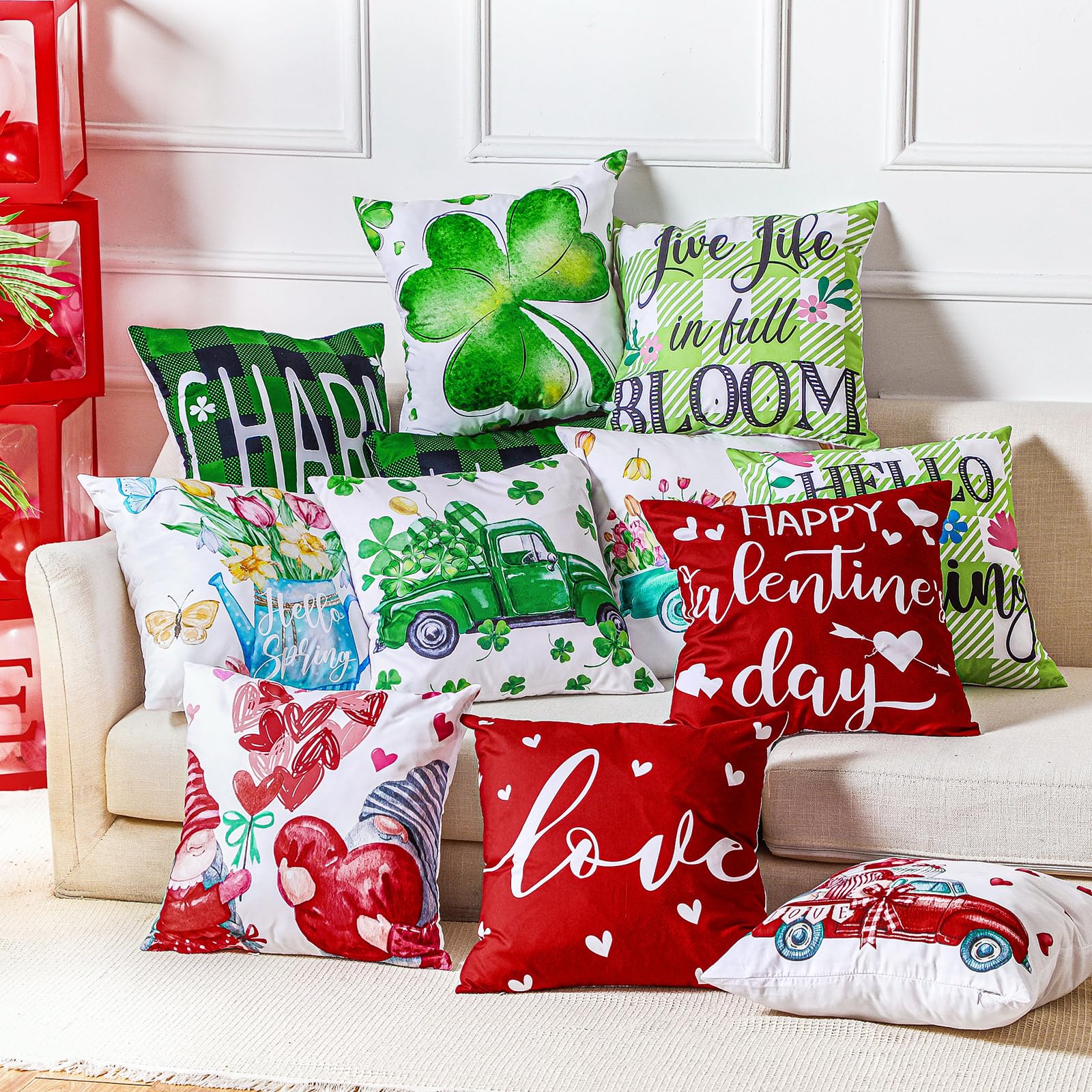 12 Pack St. Patrick's Day Shamrock Pillow Covers 18x18 Inch - Floral Heart & Lucky Clover Decorative Cushion Cases for Sofa, Bed, Home - Perfect for Spring, Valentine's & Holiday Decorations (St. Paddy's, Easter, Housewarming Gifts)