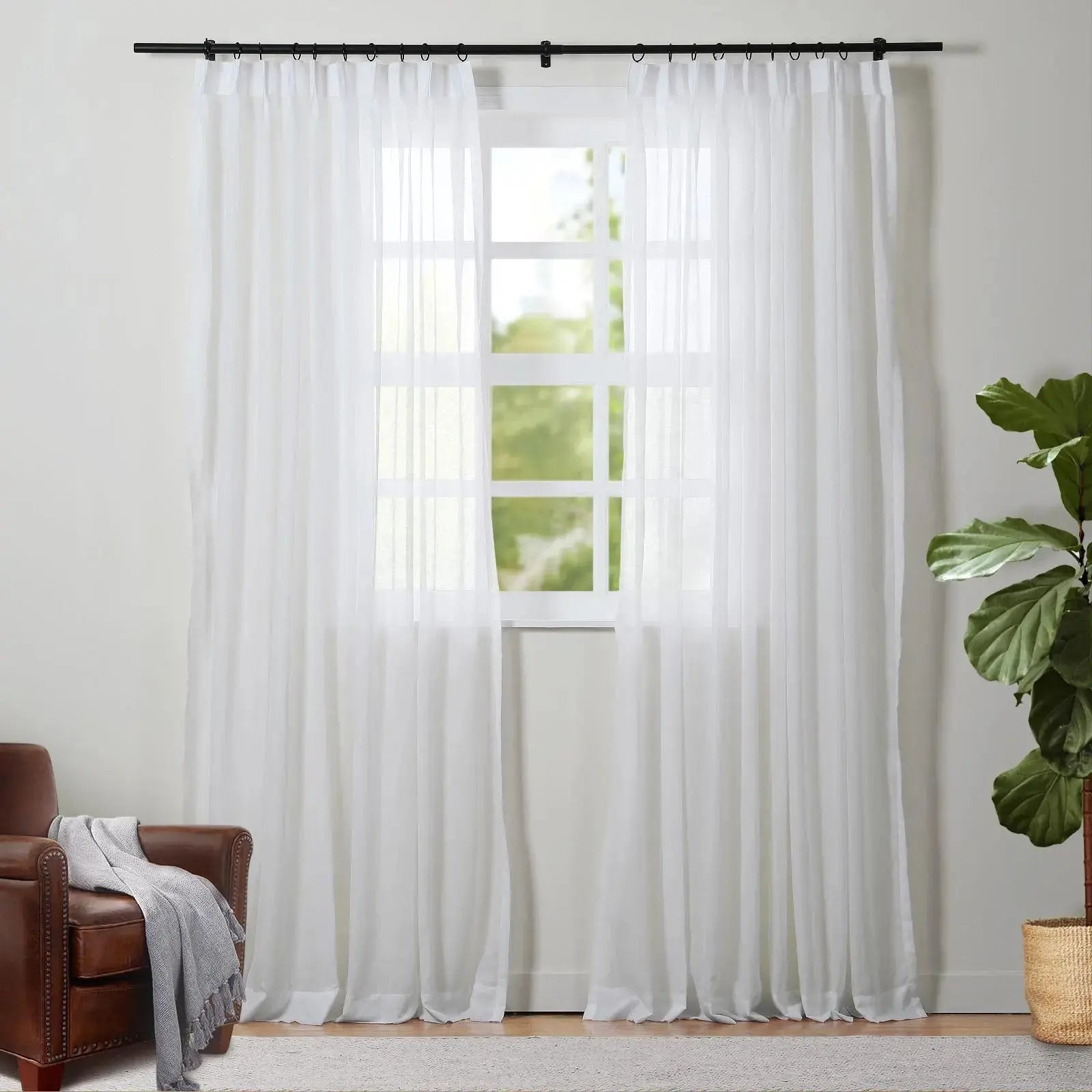 Florida Embossed White Semi-Sheer Pleated Curtains - Elegant Window Treatment for Living Room & Bedroom