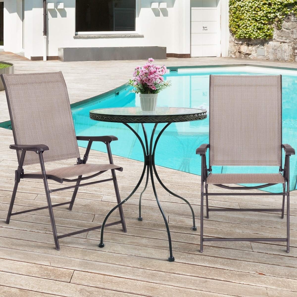 2 Pack Folding Sling Chairs - Modern Brown Patio Furniture with Steel Powder Coated Frame - Perfect for Backyard, Poolside, Camping & Outdoor Relaxation