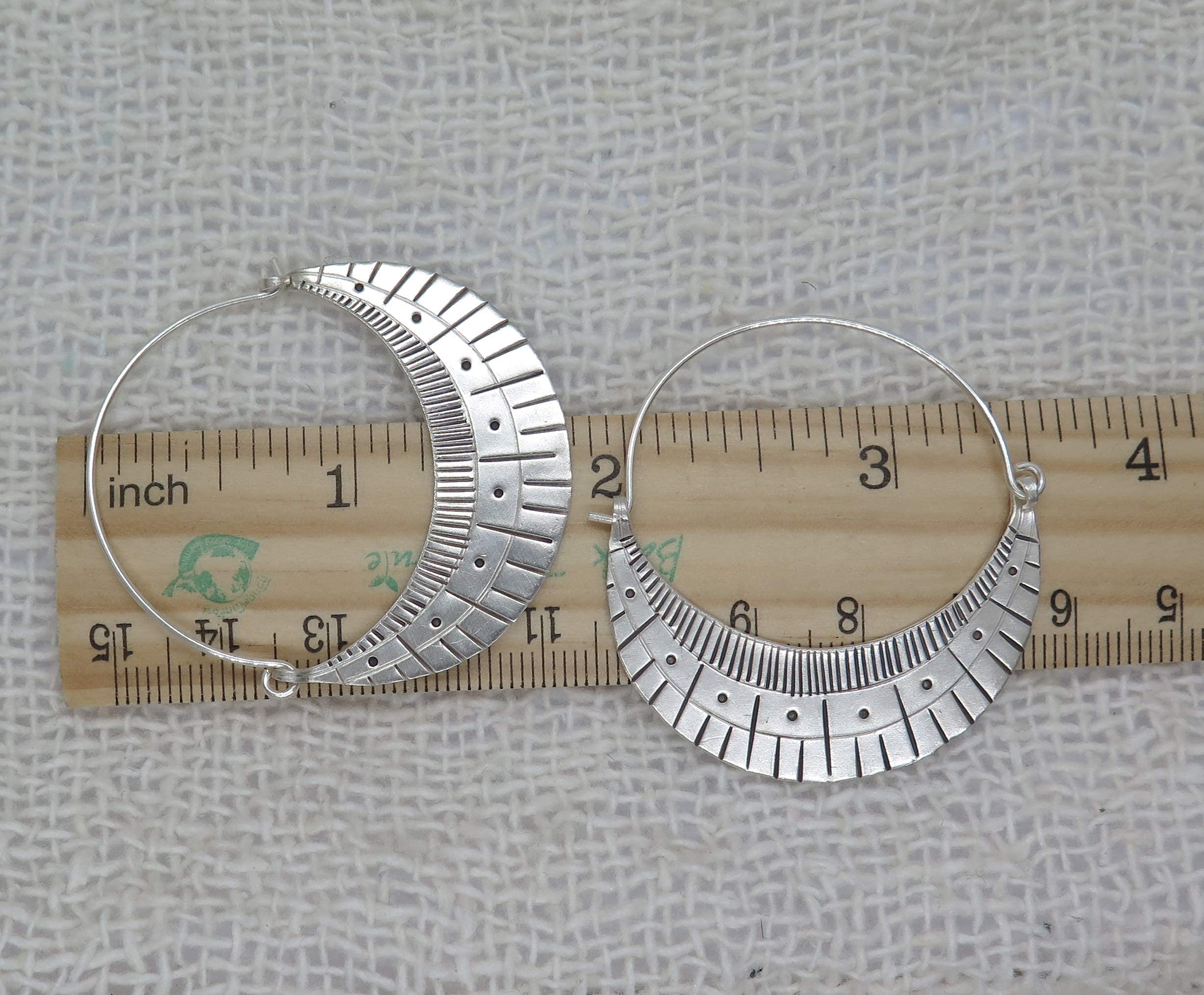 Handmade Sterling Silver Large Boho Statement Crescent Moon Hoop Earrings with Geometric Pattern Engraving | Unique Boho Chic Jewelry for Women | Perfect for Festivals, Parties & Everyday Wear