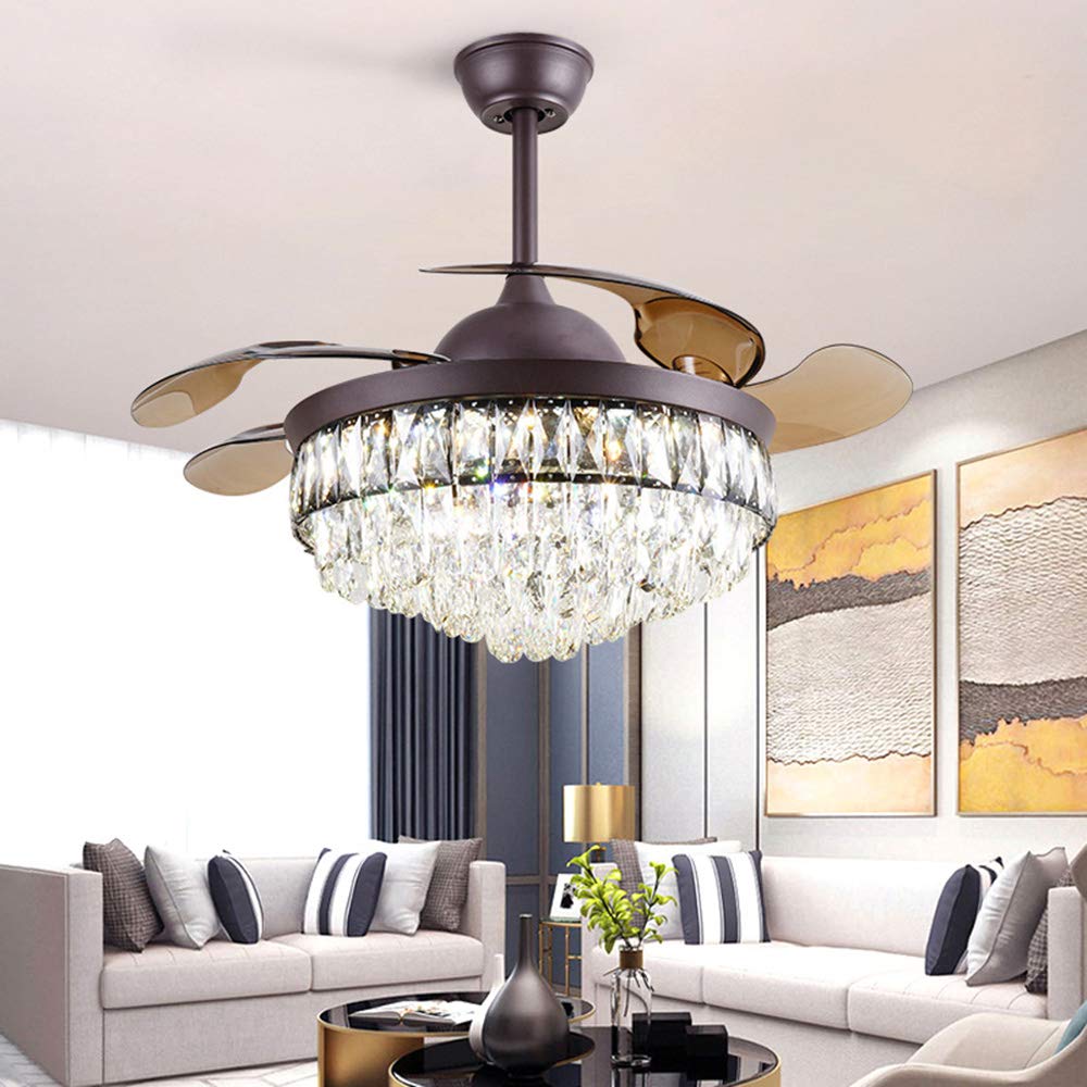 42 Inch Modern Crystal Ceiling Fan with LED Lights & Remote Control - 3 Speed, 3 Color Retractable Blades - Brown Finish Chandelier Fandelier for Dining Room, Living Room, Bedroom | Energy Efficient Cooling & Elegant Lighting Solution