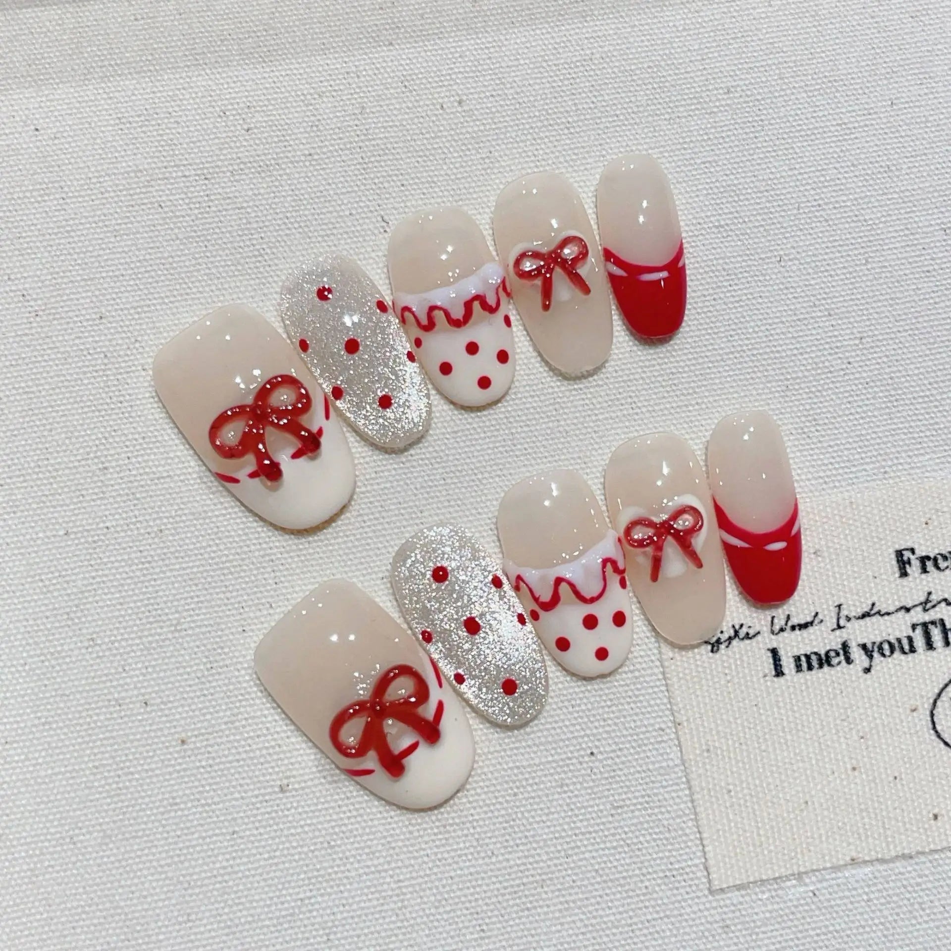 10Pcs Short Almond Press on Nails - Cute Cat Eye 3D Red Bowtie Designs with Polka Dot & Lace Edge - Oval False Nails for Women | Easy DIY Manicure, Perfect for Parties, Weddings & Daily Wear
