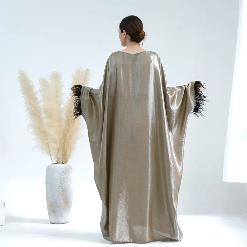 Elegant Muslim Women's Feather Sleeve Abaya Dress - Soft Nylon Cotton Blend - Perfect for Prayer, Eid Celebrations & Modest Fashion