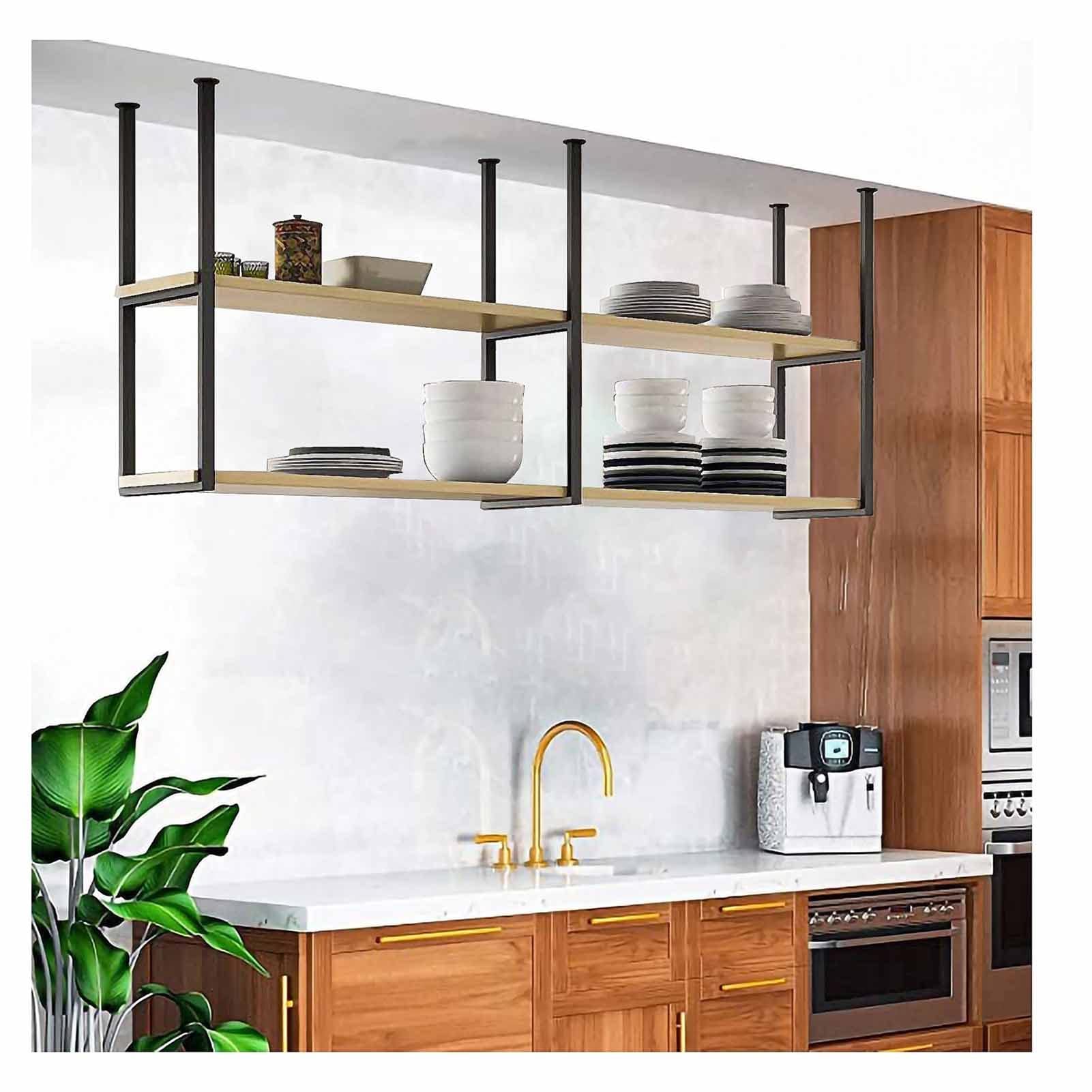 Industrial Ceiling Mount Wine Rack - 2 Tier Hanging Floating Shelves with Metal Brackets for Kitchen, Bar & Restaurant | Space-Saving Storage & Display Solution for Wine Bottles, Spices & Decor