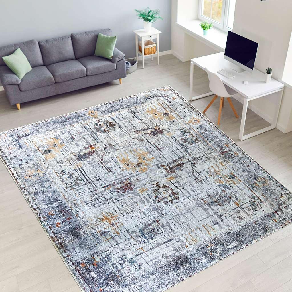 Softwoven 8x10 Washable Cotton Rug - Non-Slip Vintage Area Rug for Living Room & Hallway | 90% Cotton, Pet-Friendly, Stain Resistant & Non-Shedding | Perfect for Home Decor, Family Gatherings & High Traffic Areas (Grey Multi Flower Design)