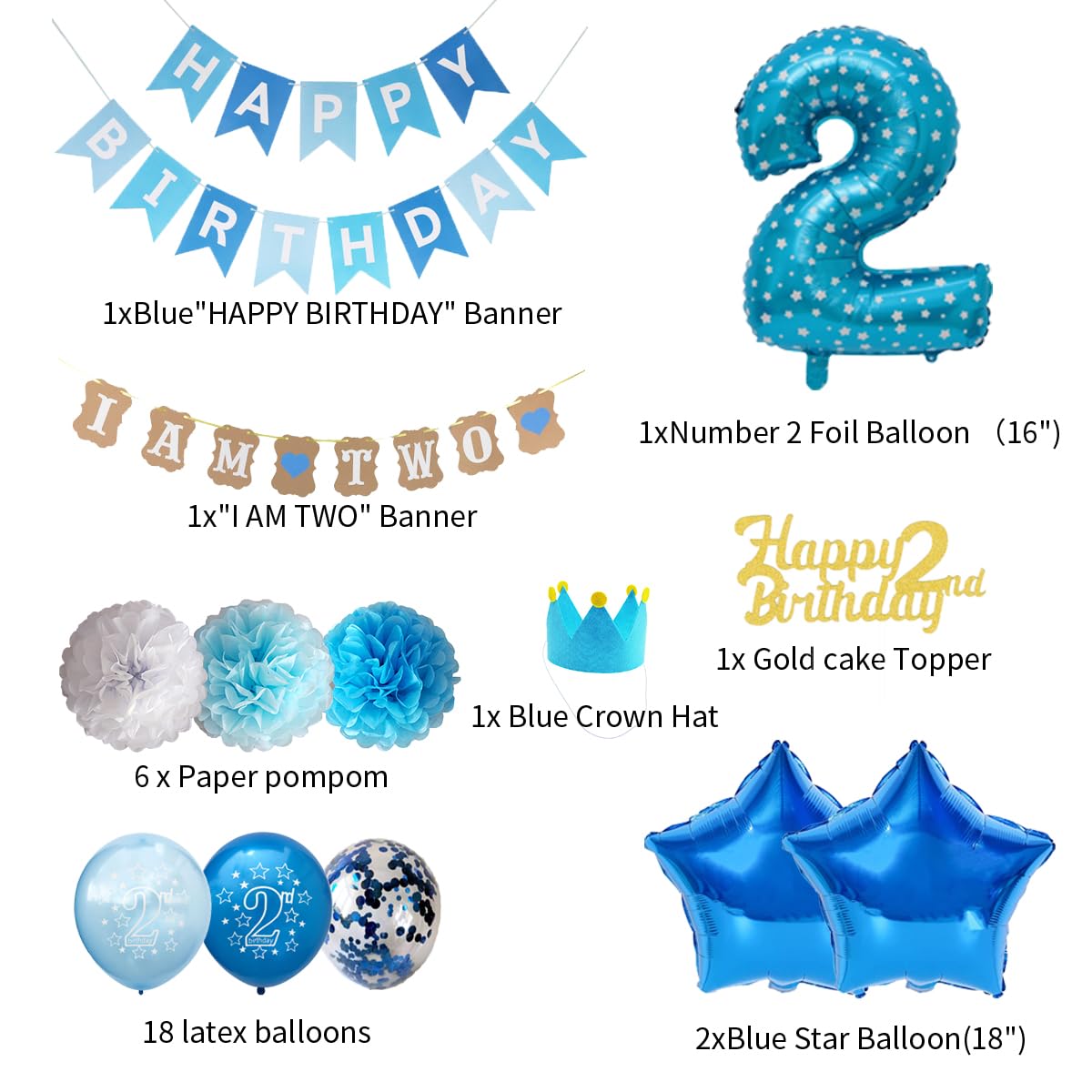 Blue 2nd Birthday Party Decorations for Boys - Prince Theme 2nd Birthday Party Supplies for Cake Smash, Photo Backdrop & Balloon Garland