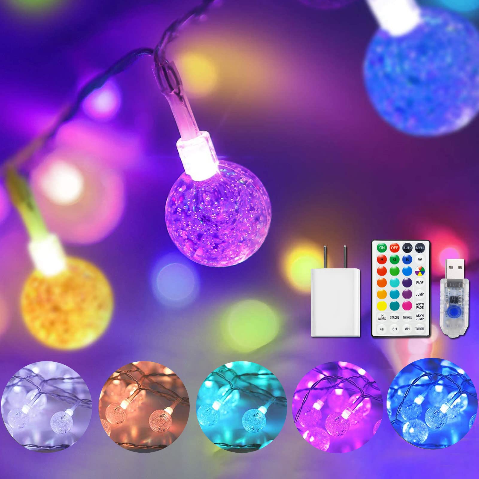 Color Changing Globe String Lights - 50 LEDs, 16.4ft, Remote Control for Bedroom & Party Decor