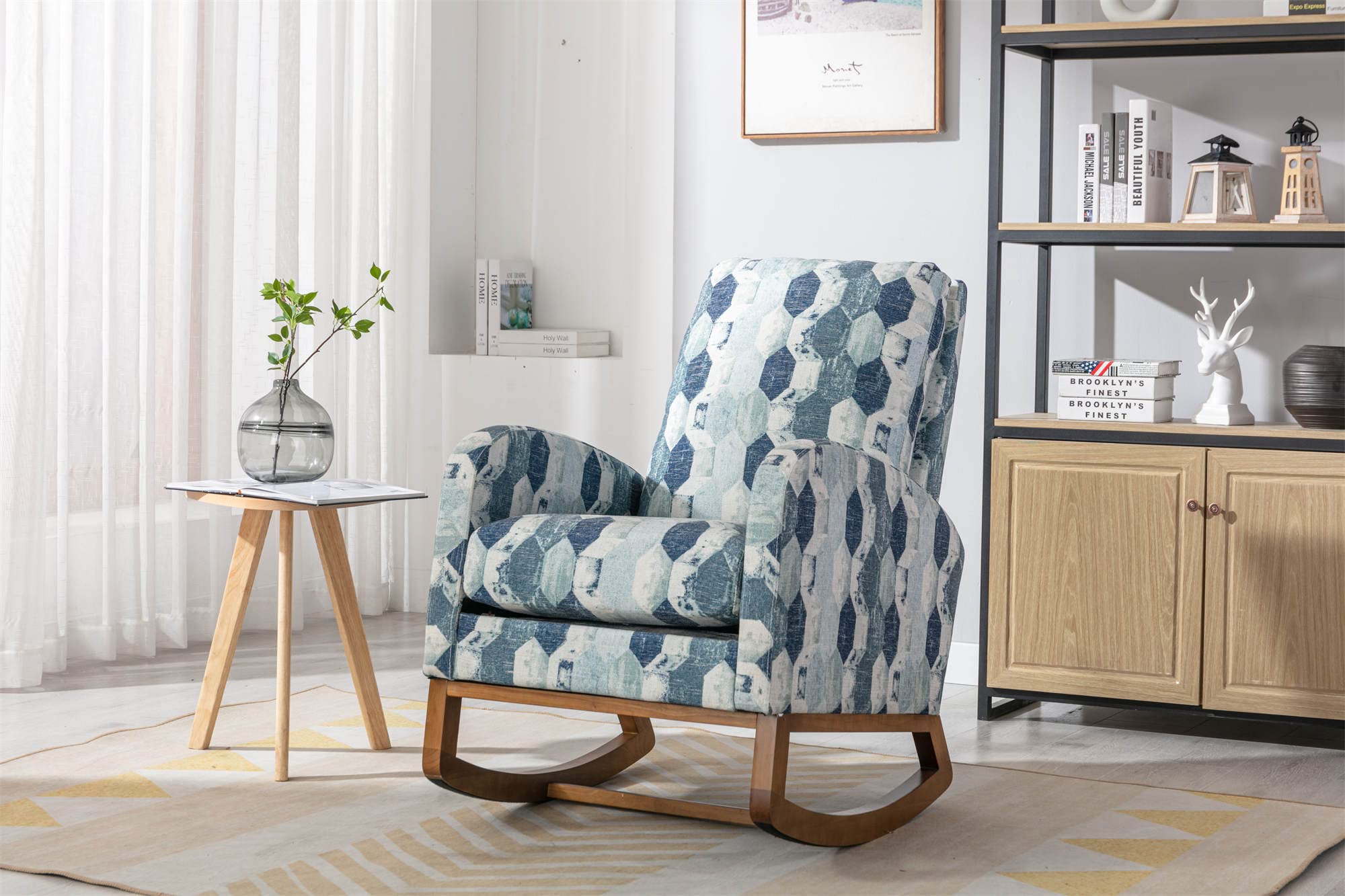 Mid-Century Modern Rocking Chair with High Backrest & Side Storage Pocket - Blue Geometric Pattern Nursery Rocking Armchair for Living Room, Bedroom, Nursery - Perfect for Nursing, Reading & Relaxing