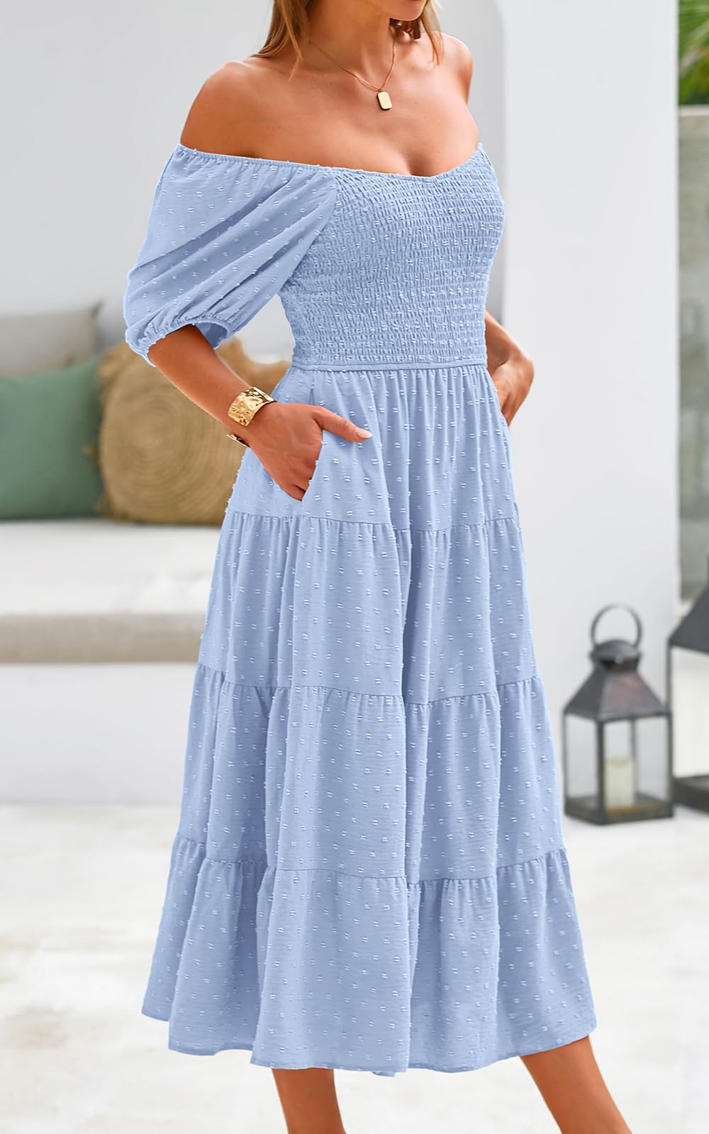 PRETTYGARDEN Women's Floral Chiffon Maxi Dress with Puff Sleeves & V-Neck - Swiss Dot High Waist Tiered Smocked Summer Dress for Beach Vacation, Wedding Guest & Date Night Outfits