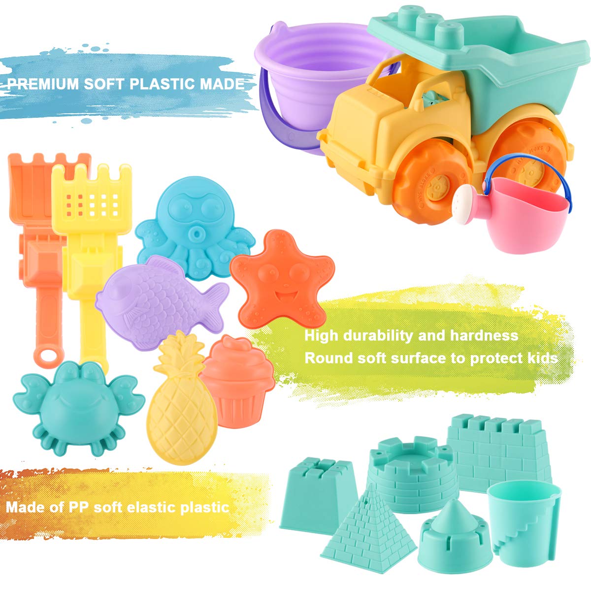 **MIFXIN 17-Piece Kids Beach Toys Set for Toddlers - Sand Truck, Bucket, Shovels, Rakes, Castle Molds & Water Can - Soft Plastic Outdoor Sand Play for Boys & Girls - Perfect for Beach, Backyard & Poolside Fun**