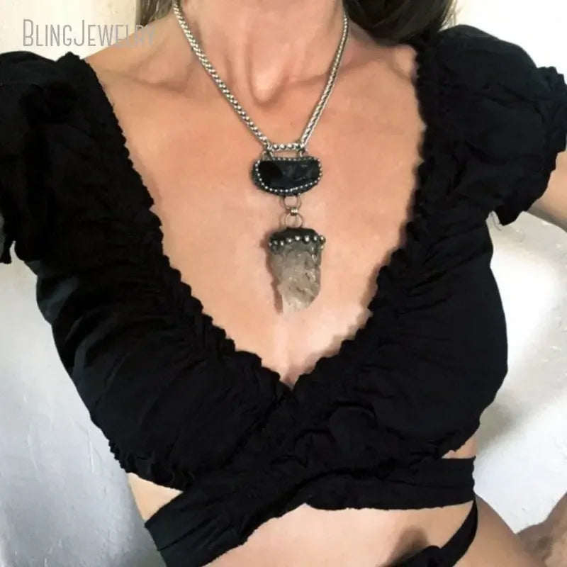 10pcs Raw Black Tourmaline Herkimer Quartz Crystal Necklace - Natural Schorl Gemstone Jewelry for Women, Goth Witch Wicca Boho Style, Perfect for Spiritual Healing, Meditation & Fashion Accessories