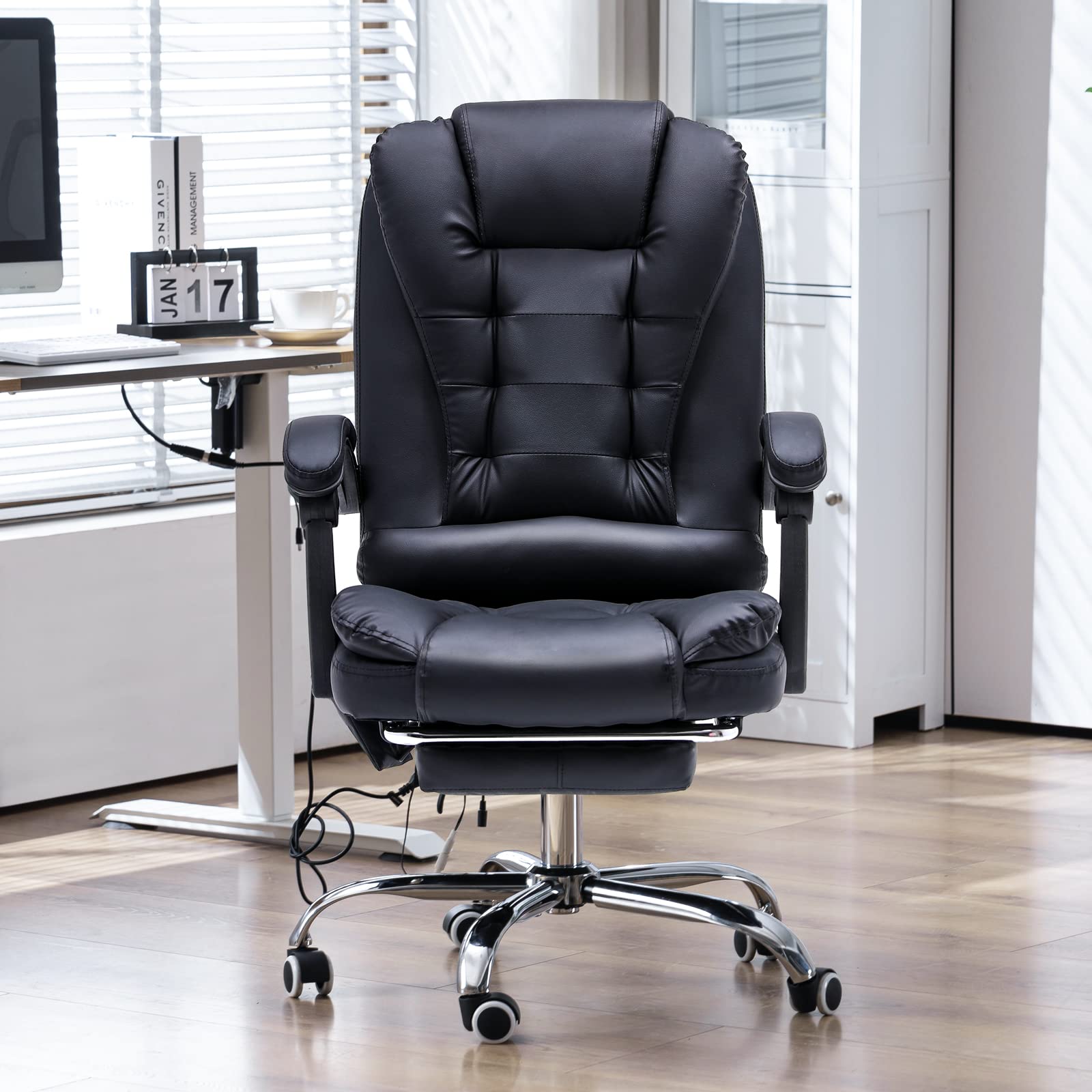 Ergonomic Reclining Office Chair with Massage & Heat - PU Leather Executive Computer Chair with Footrest & Padded Armrest - High Back Swivel Recliner for Home Office, Study, or Gaming - Black