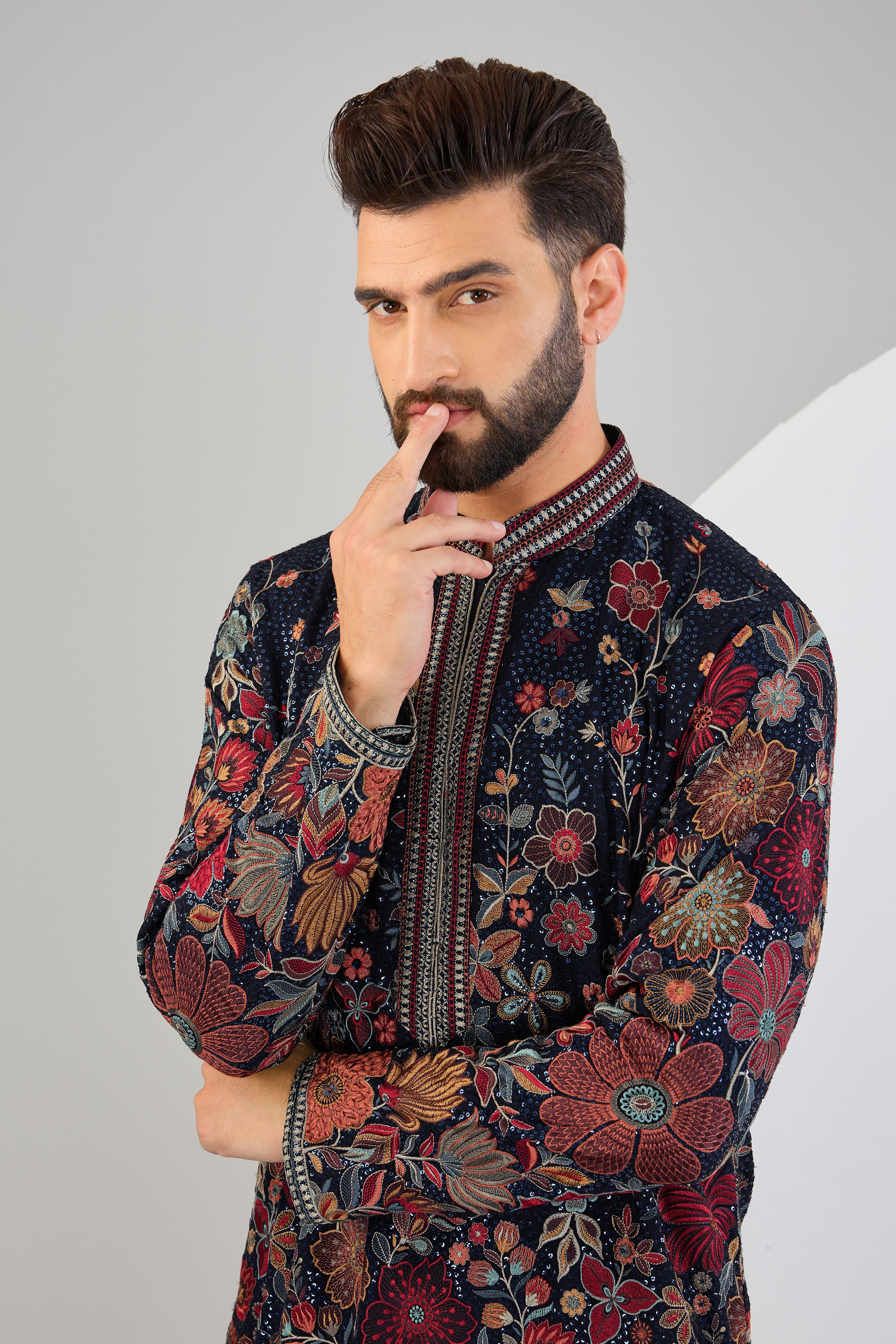 Elegant Navy Blue Chikankari Kurta with Floral Embroidery - Traditional Indian Tunic for Women - Perfect for Festivals, Weddings & Casual Wear