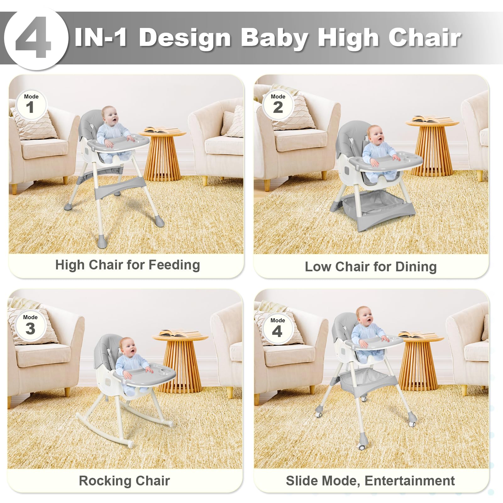 4-in-1 Convertible Baby High Chair with Adjustable Height & Reclining Backrest - Removable Tray & Foldable Design for Infants & Toddlers - Perfect for Dining, Feeding & Playtime at Home or Travel