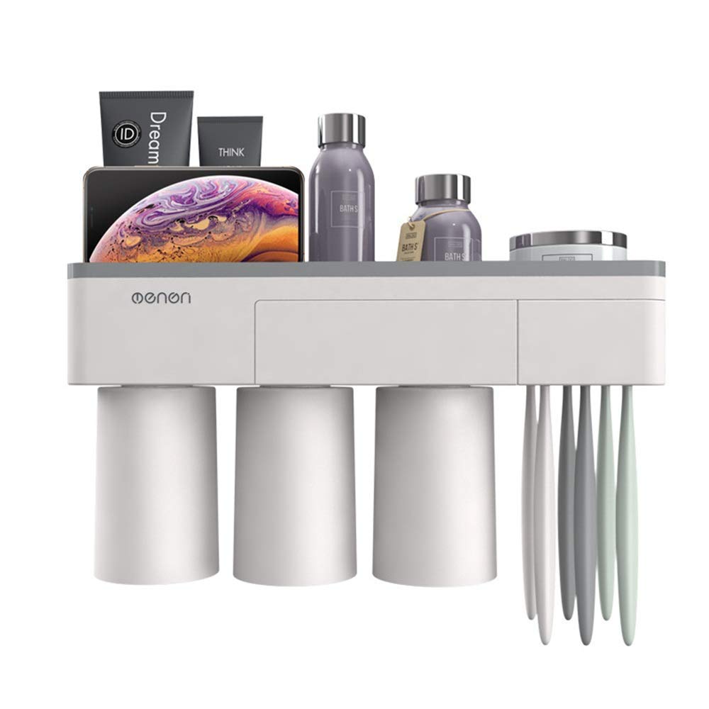Magnetic Toothbrush Holder with Wall Mount & Phone Stand - Multi-Functional Bathroom Organizer for Toothbrushes, Cosmetics & Phone Storage (Gray) - Perfect for Small Spaces, Vanity & Travel Essentials