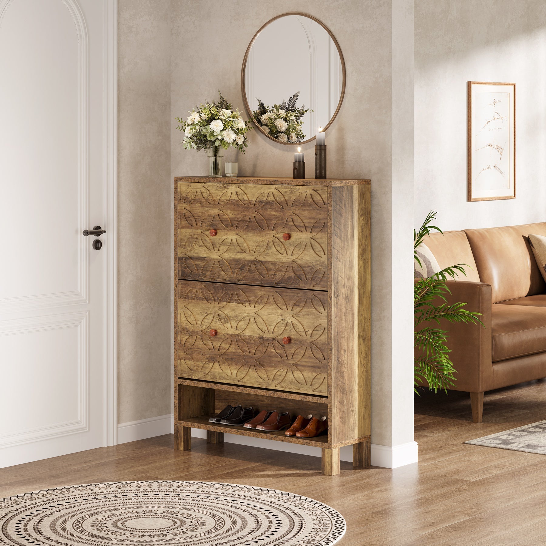 Rustic Wooden Shoe Cabinet with 2 Flip-Up Drawers - Space Saving Entryway Shoe Organizer for Hallway, Closet & Mudroom Storage