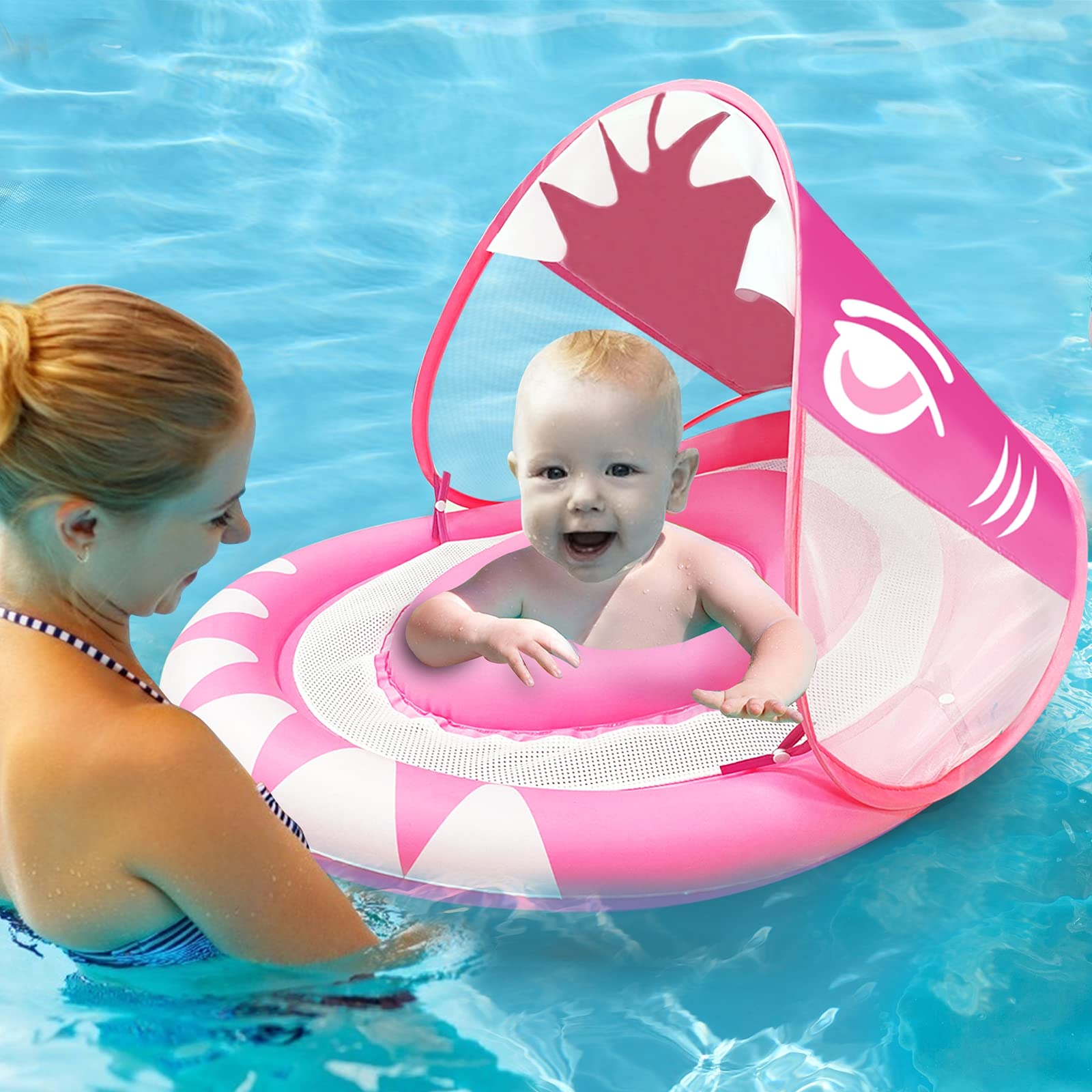 **Shark-Shaped Baby Swimming Pool Float Ring with Removable Sun Canopy & Safety Seat – Inflatable Swim Trainer for Newborns & Toddlers (6-36 Months) – Double Airbag Design for Safe Water Play at Home, Beach, or Pool**