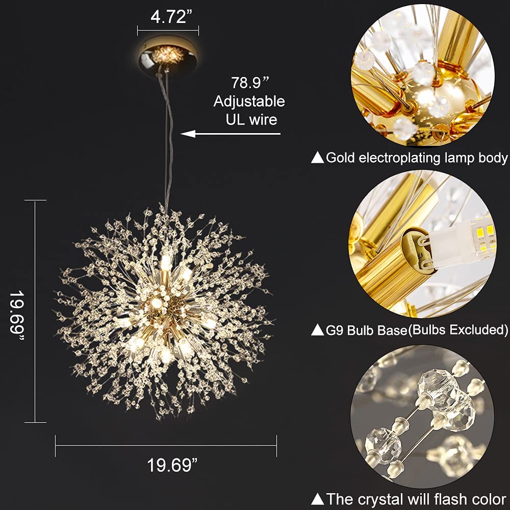 Modern Gold Crystal Chandelier - 9-Light Sputnik Dandelion Pendant Lighting Fixture for Dining Room, Living Room, Bedroom, Kitchen & Restaurant | Elegant Ceiling Light for Home Decor, Wedding Venues and Luxury Spaces
