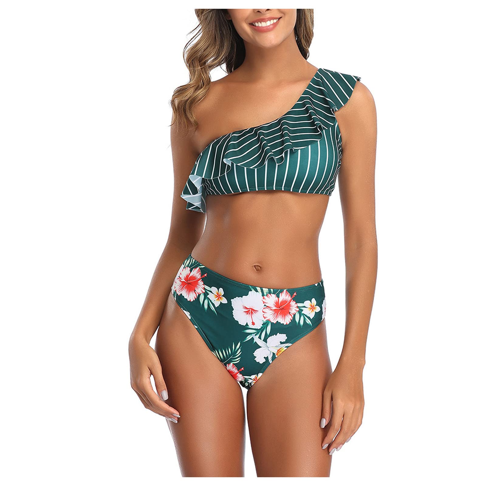 EKOUSN Sexy One Shoulder Swimsuits for Women - Summer Beach Wear, Dot Print Sleeveless Bikini with Lace Up Design, Hollow Bathing Suit for Ladies, Shapewear Swimsuit (H-Green, X-Large) | Perfect for Pool Parties, Beach Vacations & Tropical Getaways