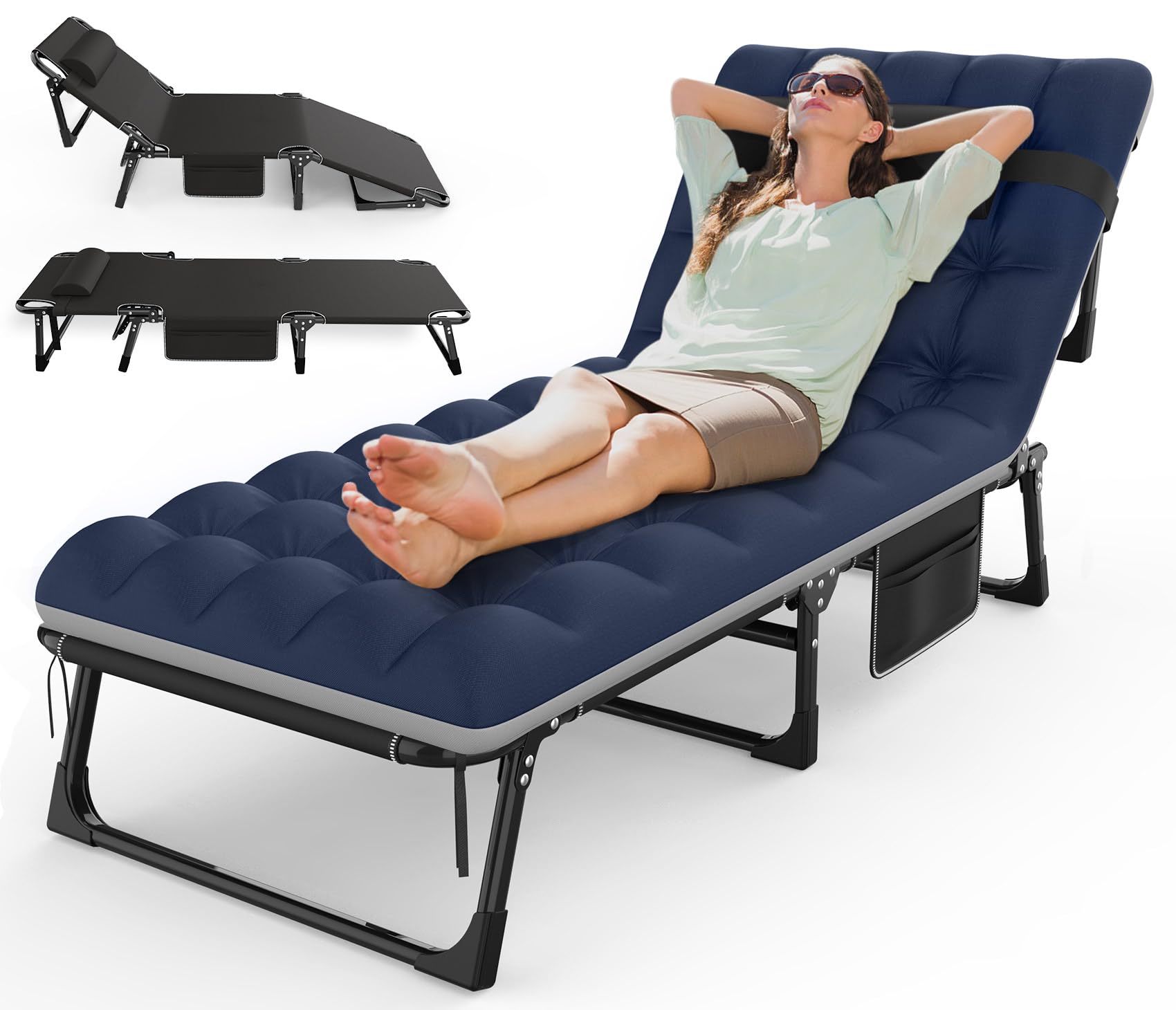 **Suteck Heavy Duty Folding Camping Cot - Adjustable 5+2 Position Recliner with Pillow & Carry Bag - Portable Outdoor Sleeping Bed for Camping, Travel, Beach, Pool, Patio, Home & Office Napping**    *(Ideal for camping trips, backyard relaxation, beach lounging, travel comfort, and quick naps at home or the office.)*