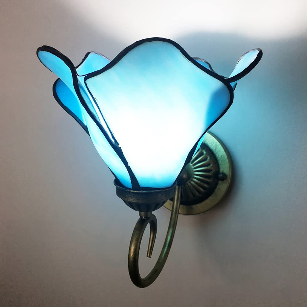 KWOKING Tiffany Style Wall Sconce - Blue Floral Stained Glass Wall Light Fixture with 1 Bulb for Hallway, Corridor, Living Room & Bedroom Lighting Decor