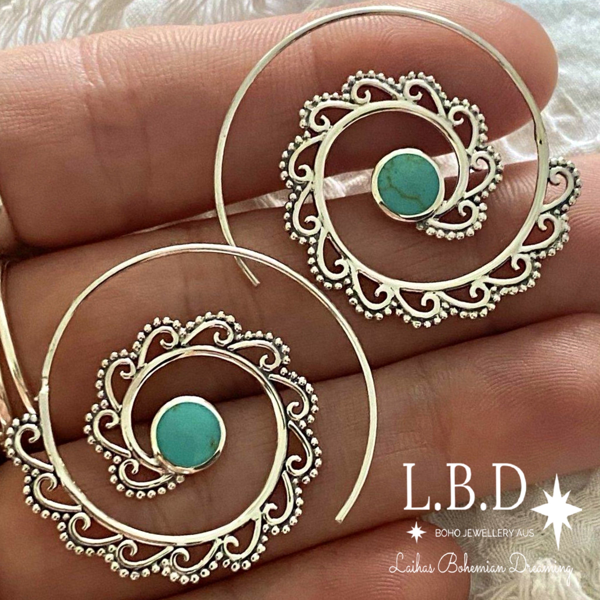 Laihas Boho Spiral Hoop Earrings - Sterling Silver Turquoise Jewelry for Women | Perfect for Casual Wear, Parties & Gift Giving