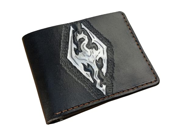 Handmade 3D Genuine Leather Bifold Wallet for Men - Custom Carved & Tooled Dragon Design with Airbrush Art (Inspired by Skyrim's Seal of Akatosh) - Perfect Gift for Gamers & Fantasy Lovers