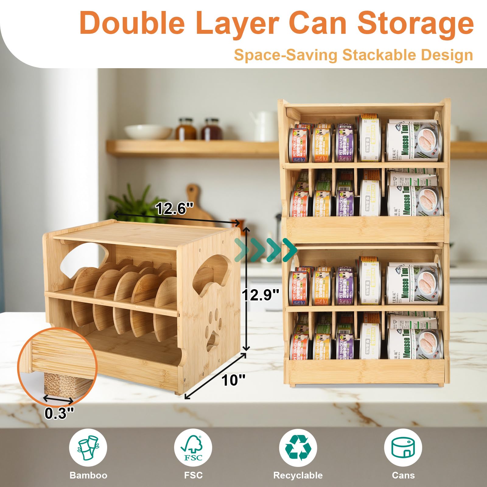 Premium Bamboo Cat Food Can Organizer - 2-Tier Stackable Wet Cat Food Storage Rack with FIFO System & 4 Hooks, Holds 42 (3oz) Cans - Space-Saving Pet Food Dispenser for Pantry & Kitchen Organization