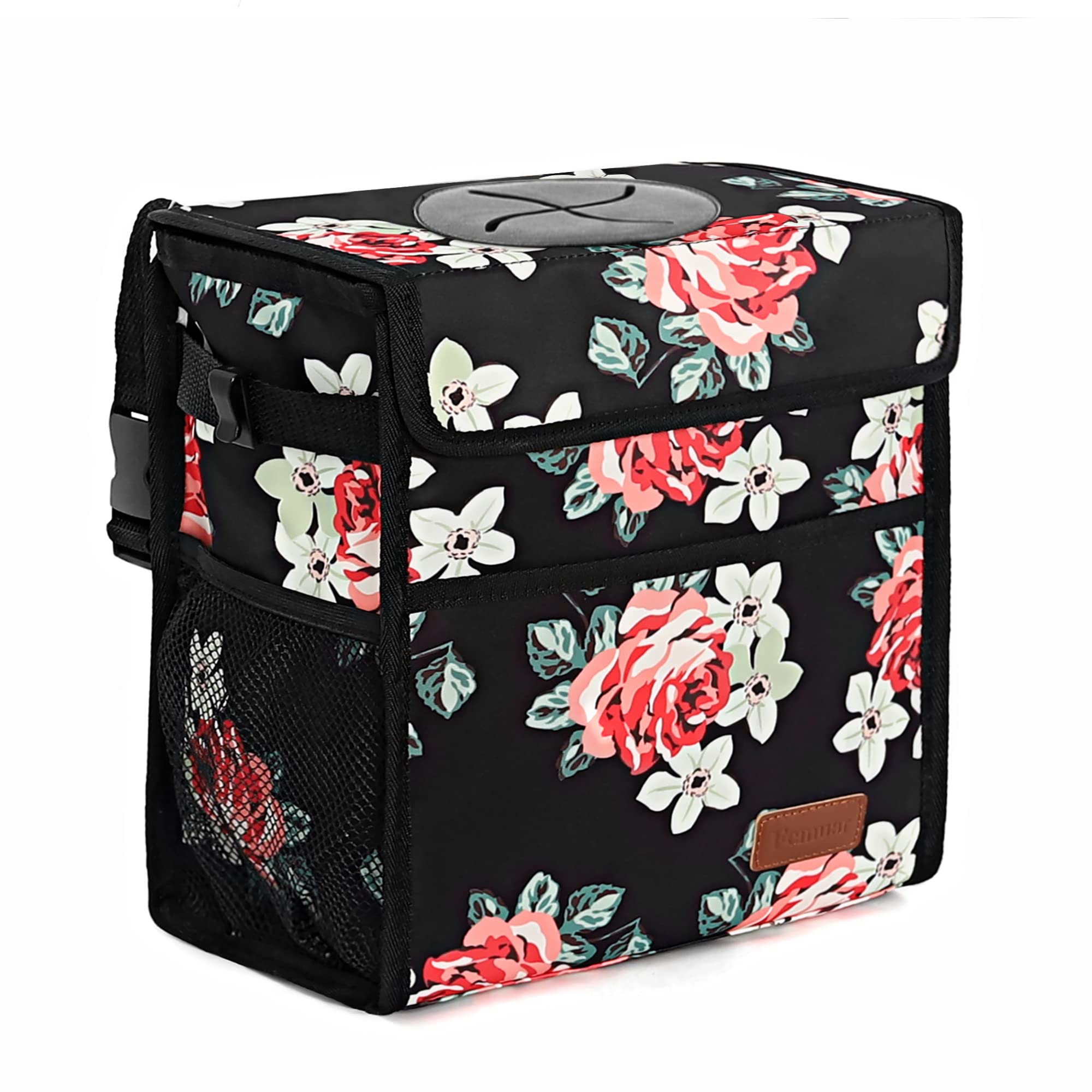 Leak Proof Car Trash Can with Lid - Waterproof Hanging Garbage Bag for SUV & Front Seat, Collapsible & Portable Car Trash Bin with Storage Mesh Pocket (Large/Flower) - Perfect for Road Trips, Commuting & Keeping Your Vehicle Clean