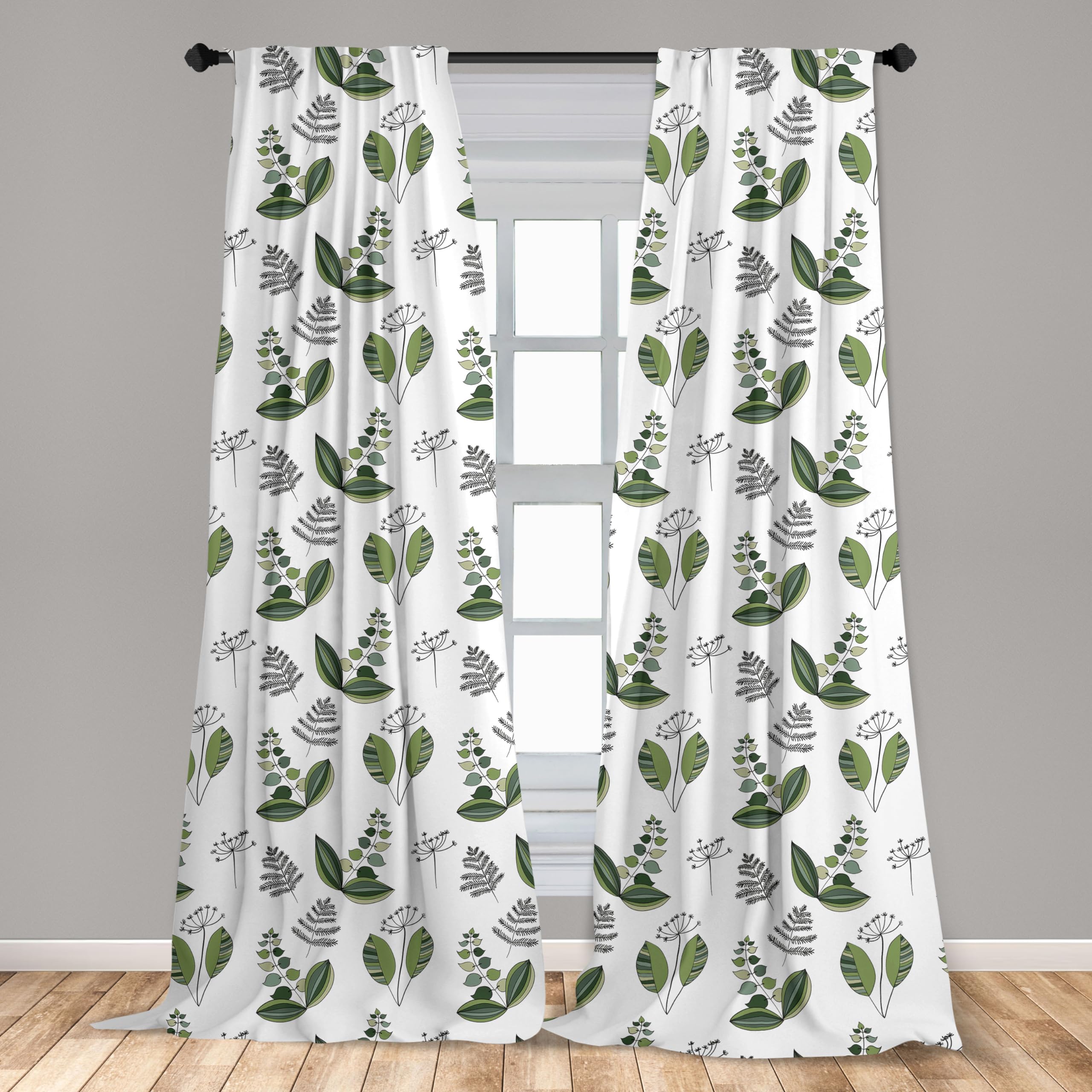 Ambesonne Scandinavian Window Curtains - Lightweight Olive Green & White Floral 2-Panel Set with Rod Pocket, 28